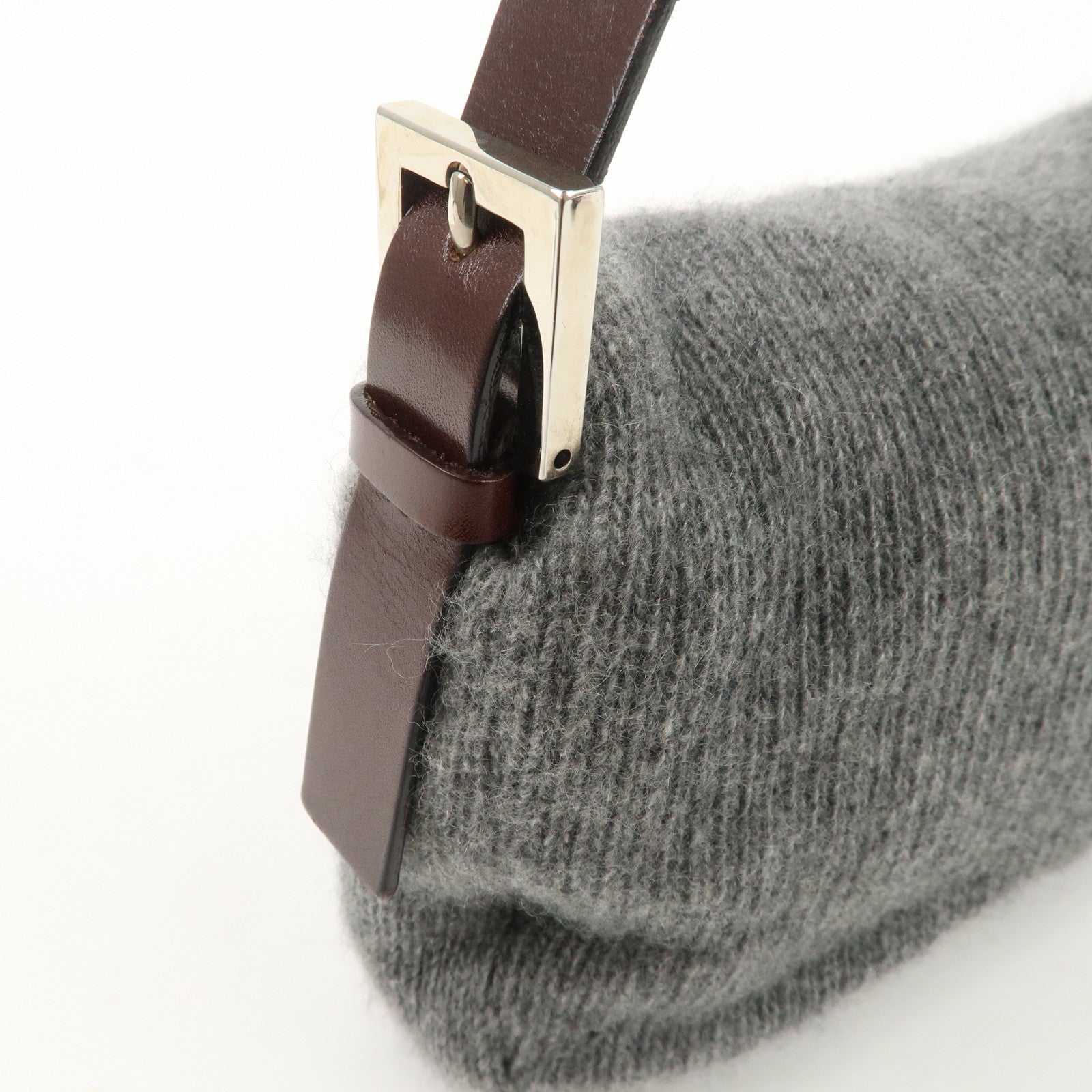 FENDI Mamma Baguette Wool Leather Shoulder Bag Brown Gray 26424