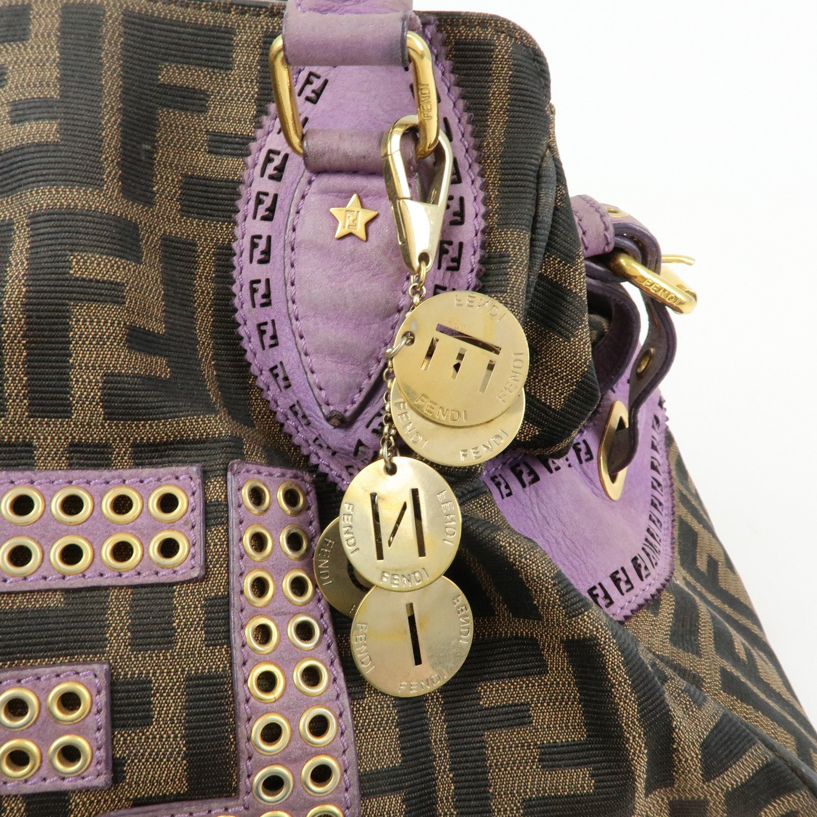 FENDI Ethnico Zucca Canvas Leather Shoulder Bag Brown Purple 8BN157