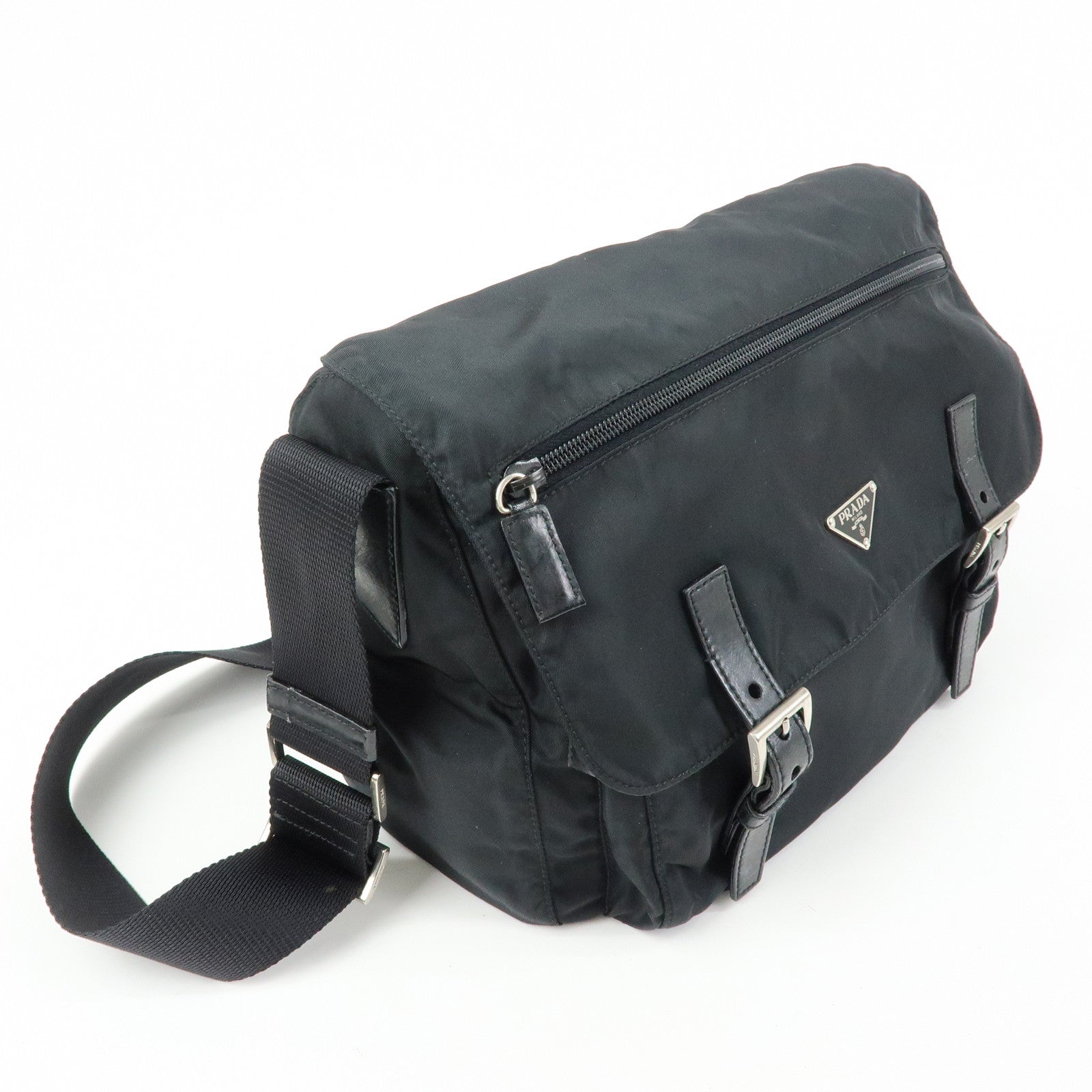 PRADA Triangle Logo Nylon Leather Shoulder Bag Black BT6671