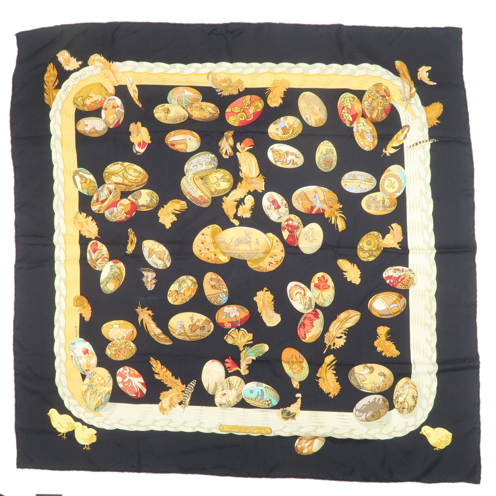 HERMES Carre 90 Silk 100% COUVEE D'HERMES Scarf Black Brown