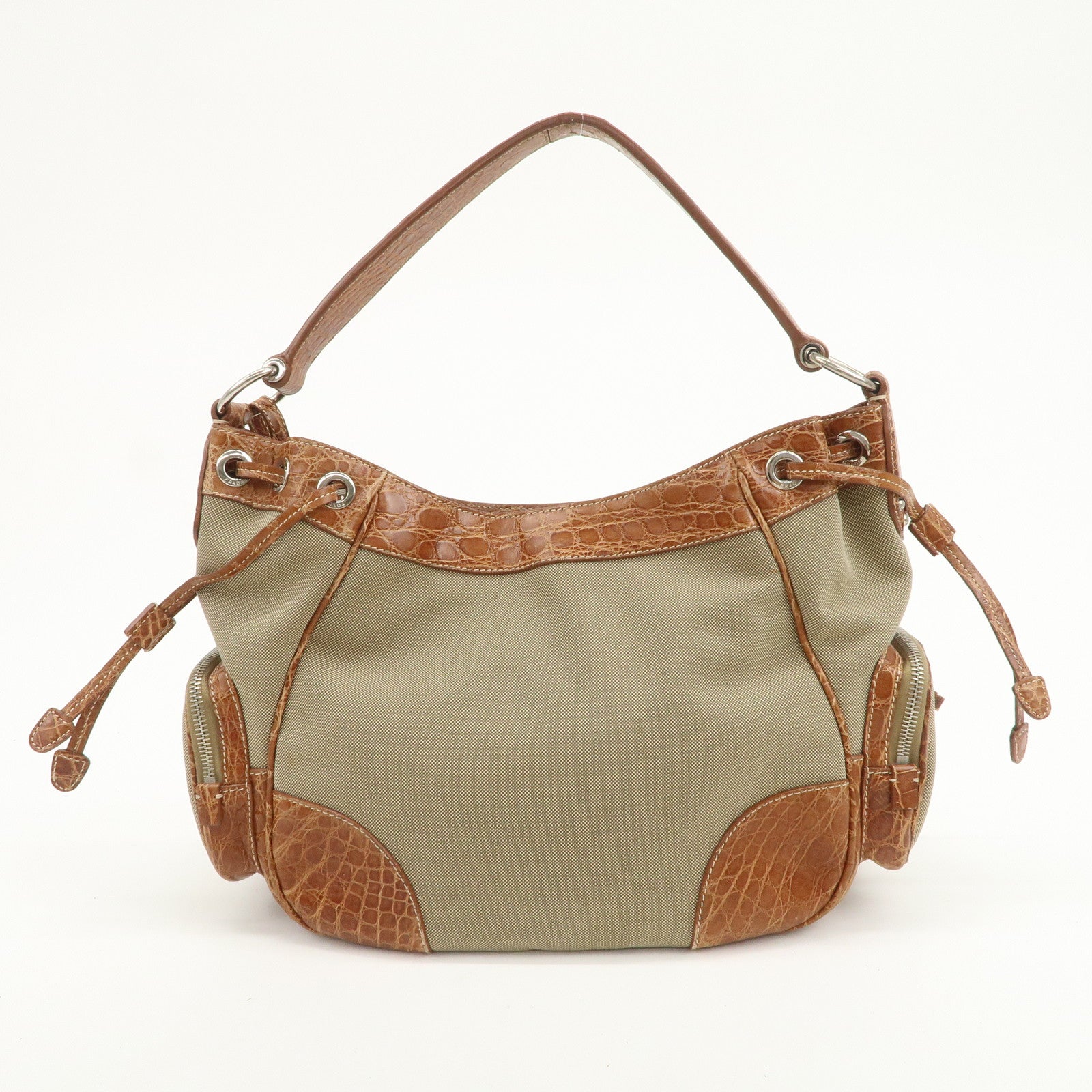 PRADA Logo Jacquard Canvas Embossed Leather Shoulder Bag BR34333