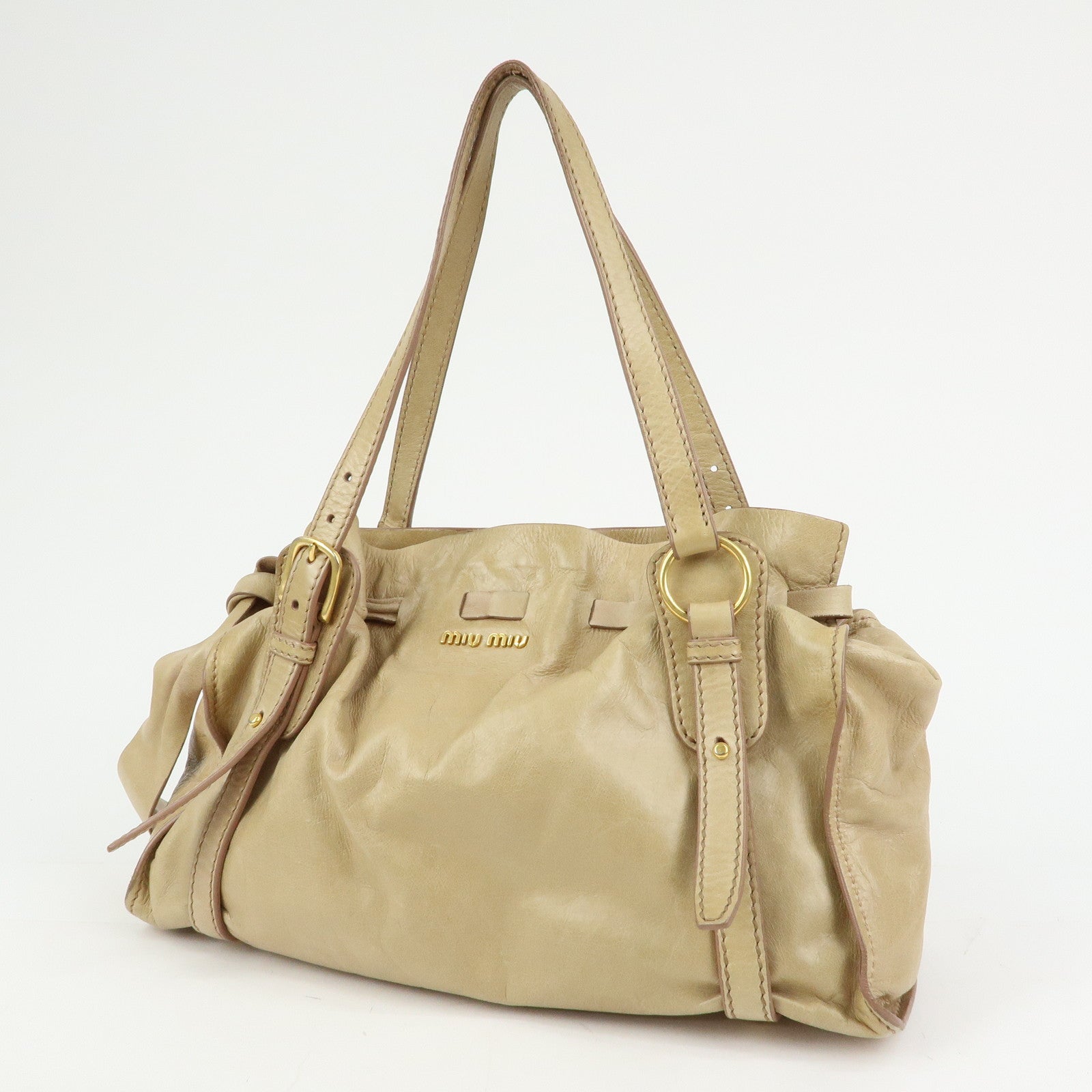 MIU MIU Logo Side Ribbon Leather Shoulder Bag Tote Bag Beige