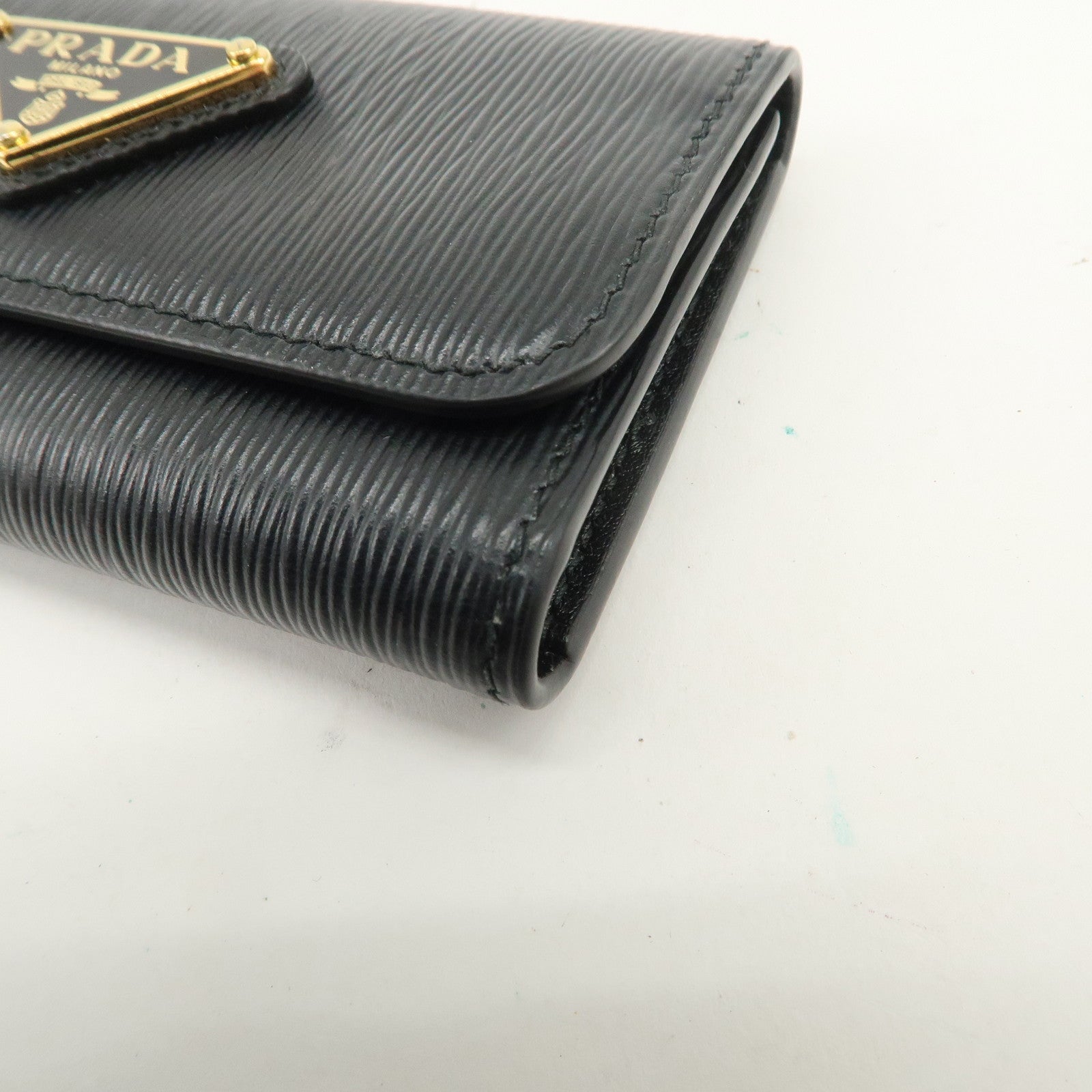 PRADA Triangle Logo Leather 6 Key Case Key Holder Black 1PG222