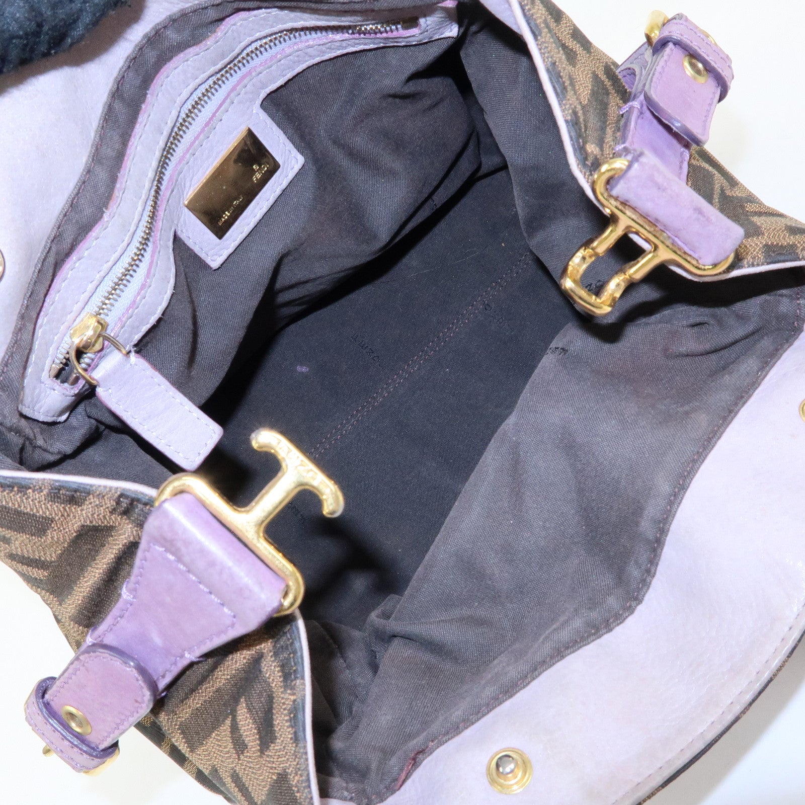 FENDI Ethnico Zucca Canvas Leather Shoulder Bag Brown Purple 8BN157