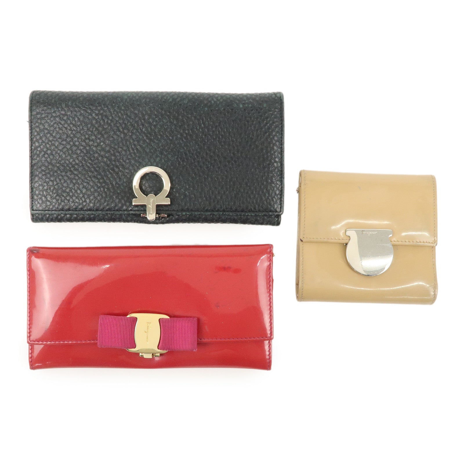 Ferragamo Set of 3 Leather Wallet Red Black Beige Used