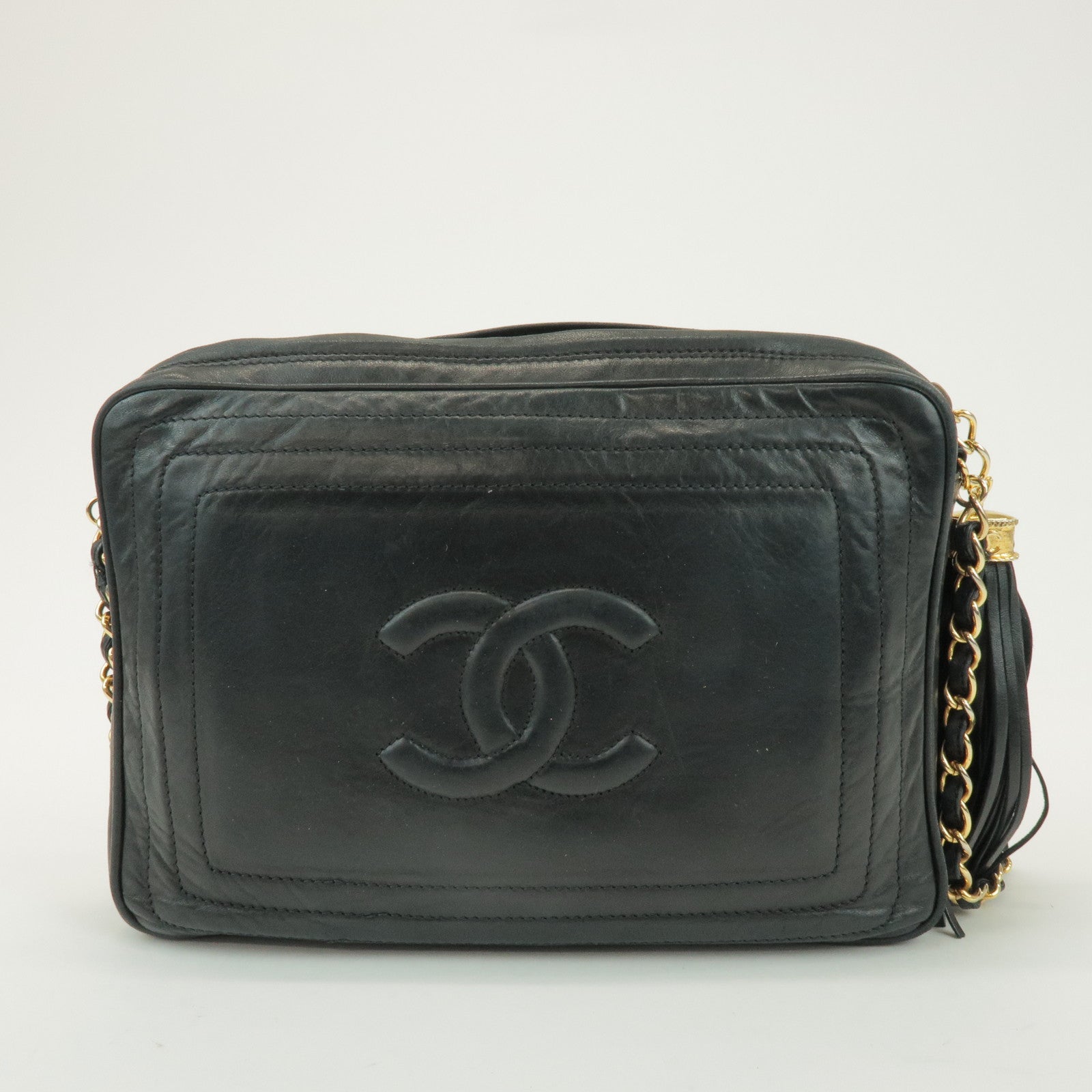 CHANEL COCO Mark Lamb Skin Chain Shoulder Bag Tassel Charm Black