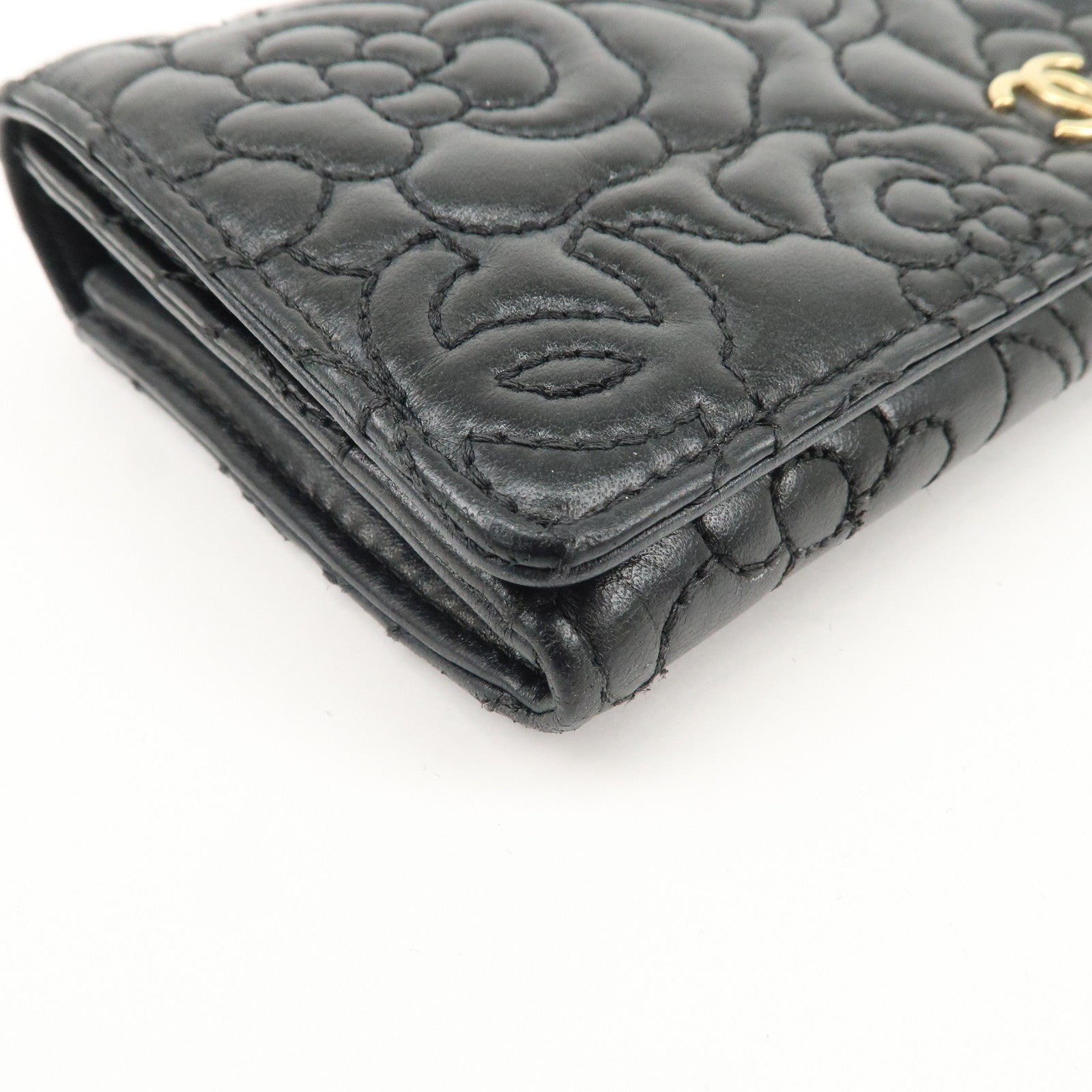 CHANEL Camelia No.5 COCO Mark Lamb Skin Bi-fold Long Wallet A70619 Used