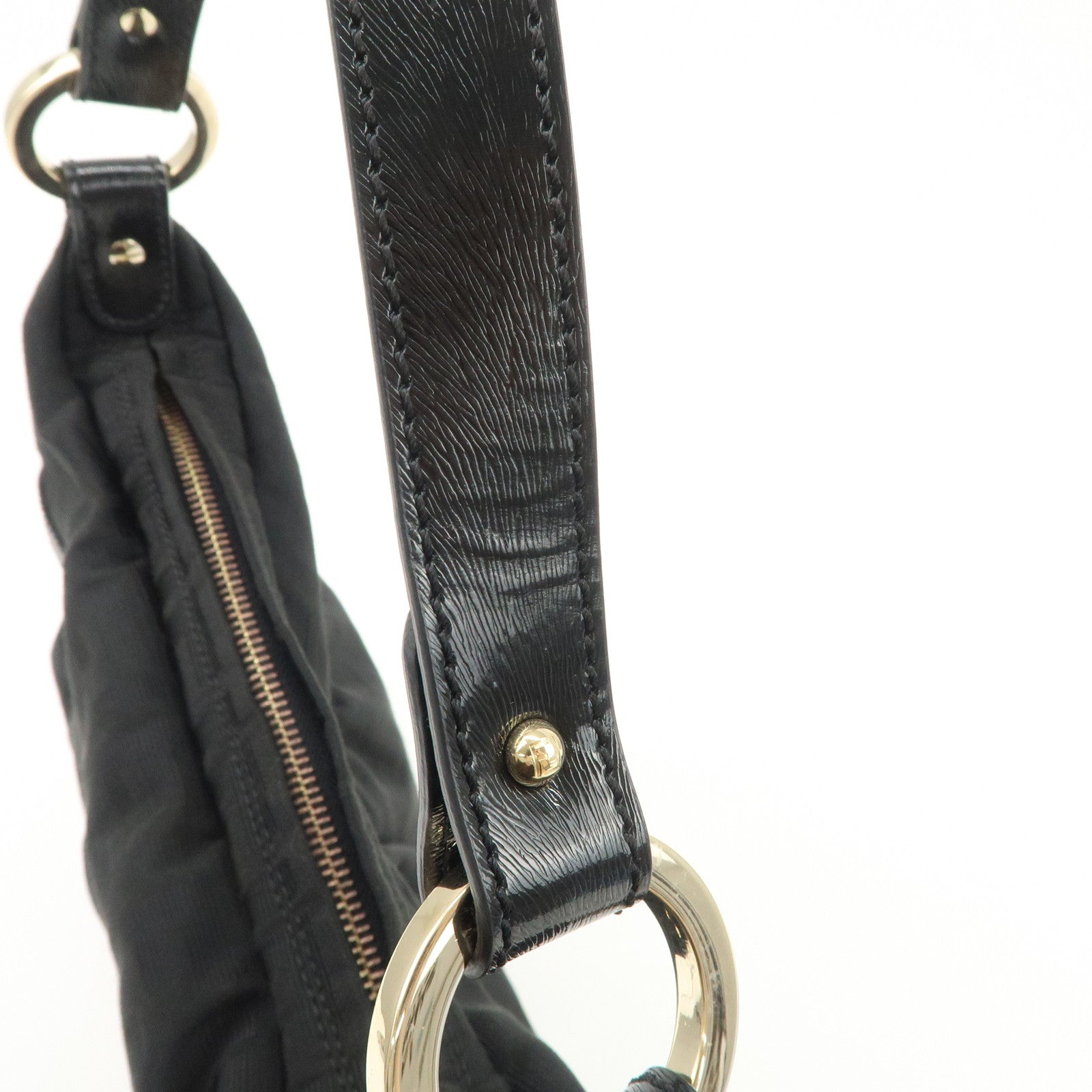 FENDI Zucca Canvas Leather Gathered Shoulder Bag Black 8BR448