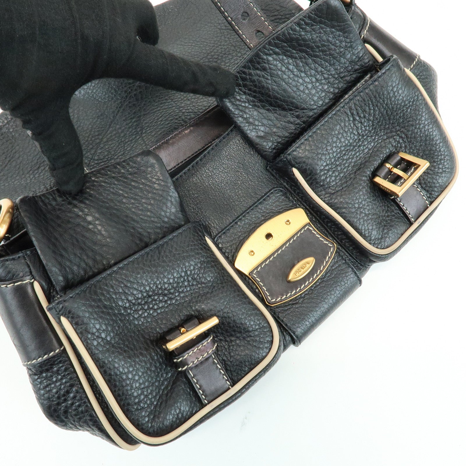 PRADA Logo Leather Stitch Shoulder Bag Hand Bag Black