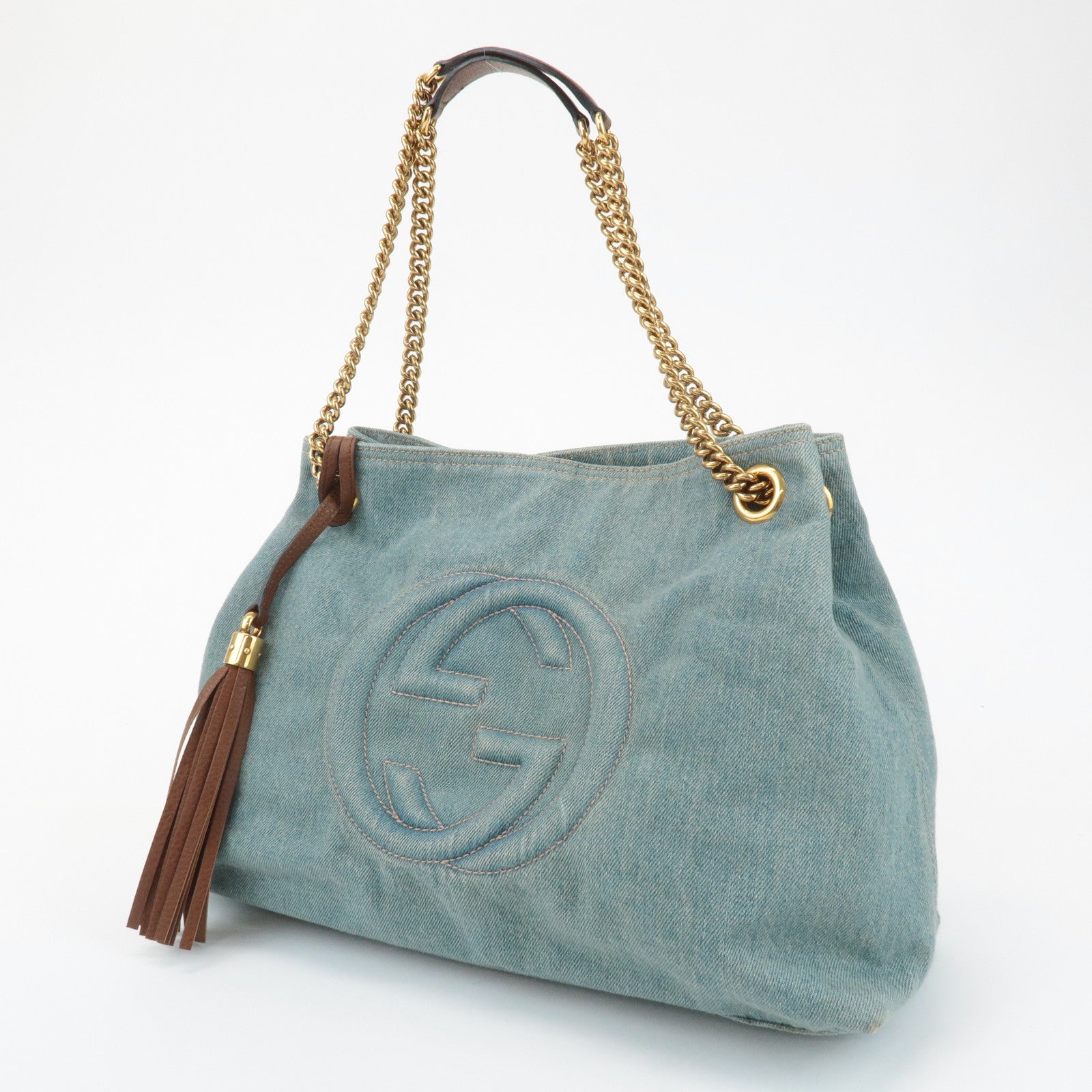 GUCCI SOHO Denim Leather Chain Shoulder Bag Fringe Charm Blue 308982 Used