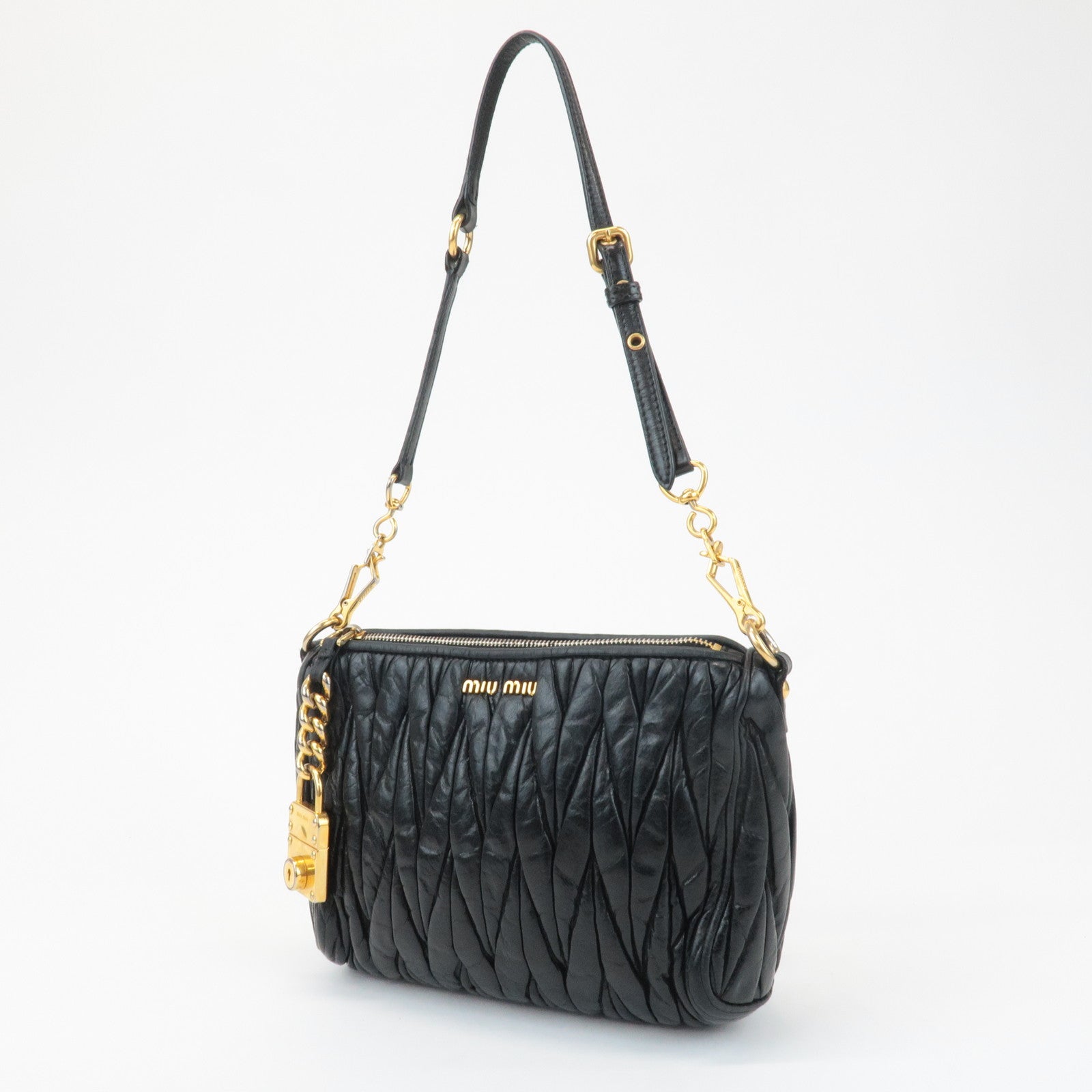 MIU MIU Logo Matelasse Leather Shoulder Bag Black 5N1521