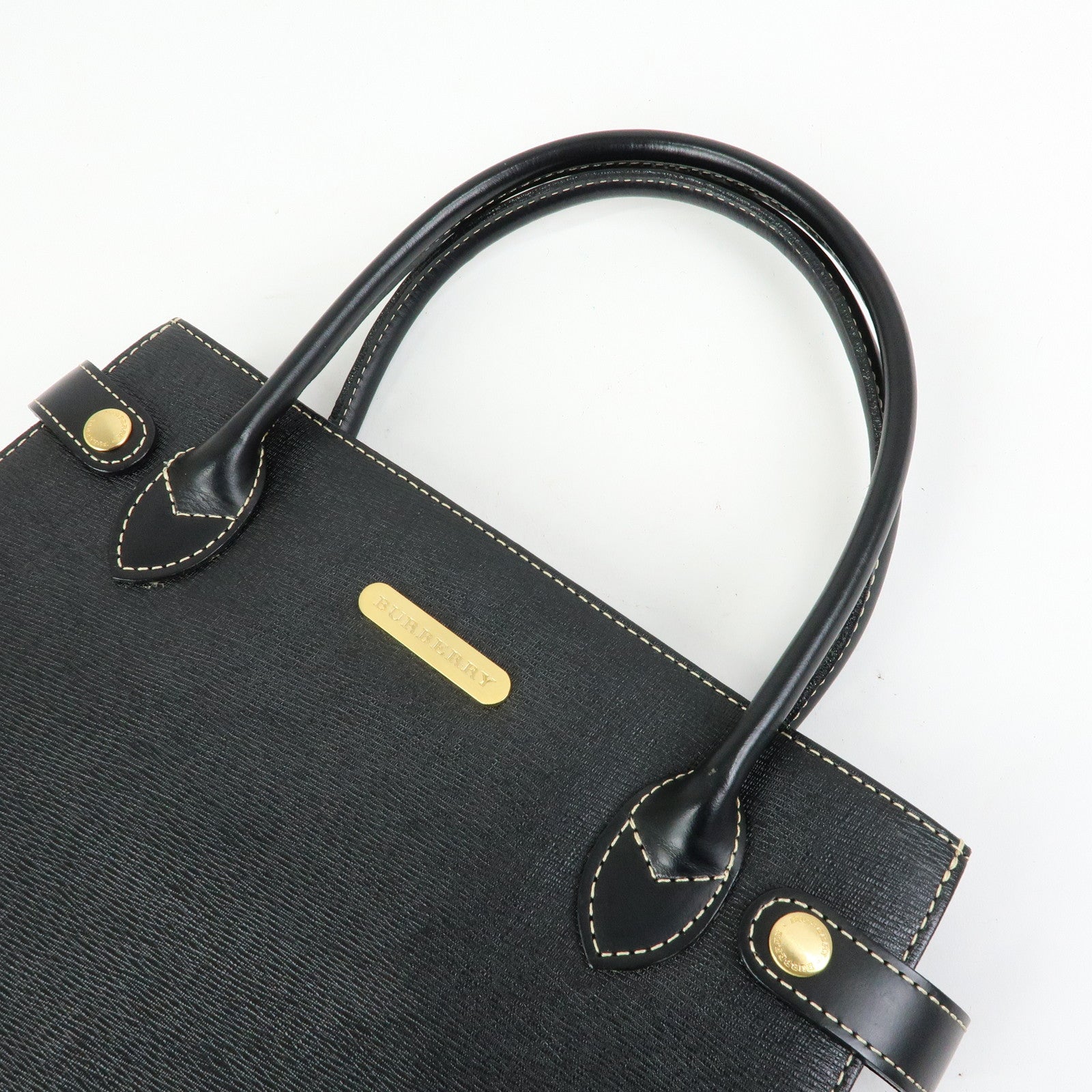BURBERRY Leather Nova Plaid Hand Bag Tote Bag Black