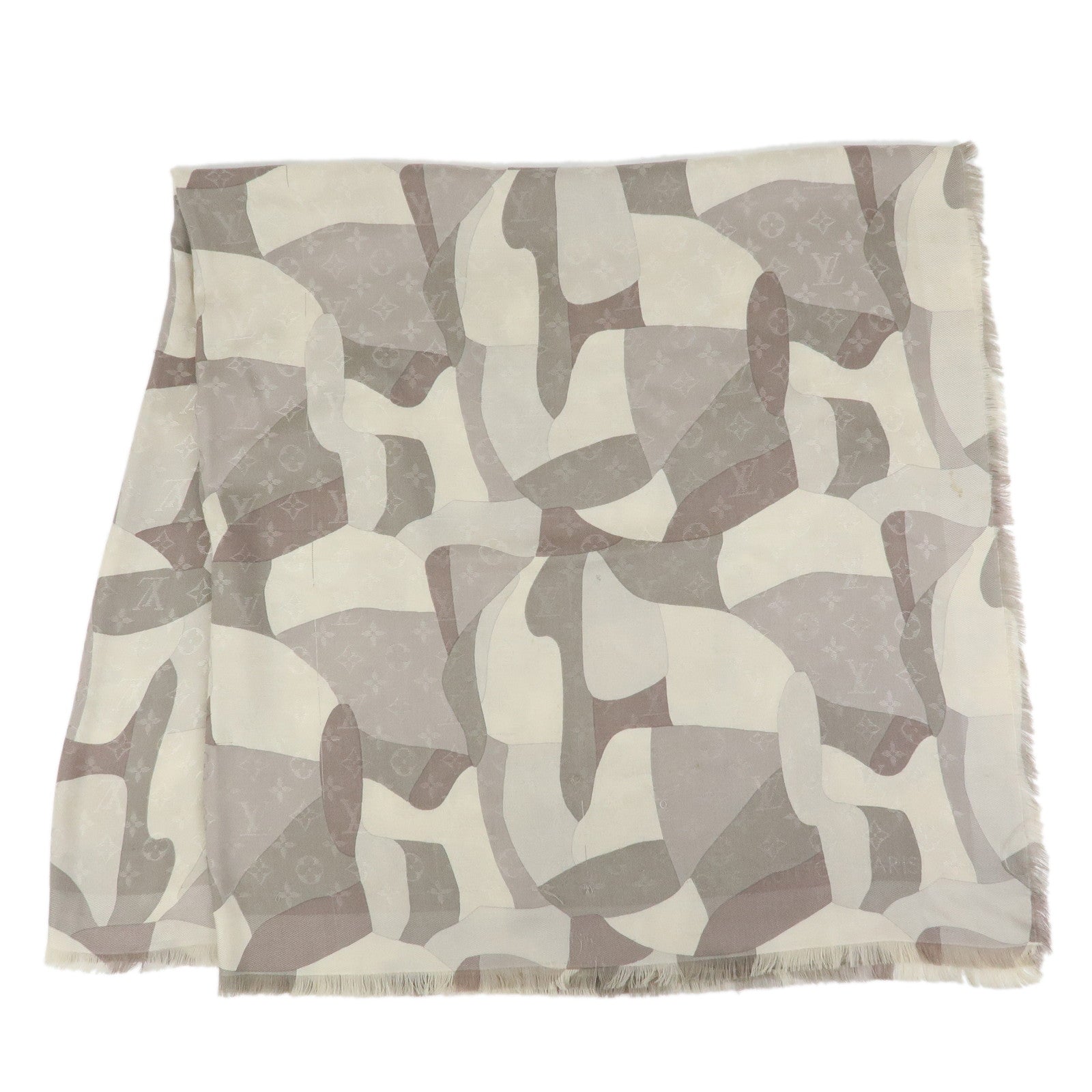 Louis Vuitton Monogram Silk Wool Shawl Scarf Camouflage Gray M75397