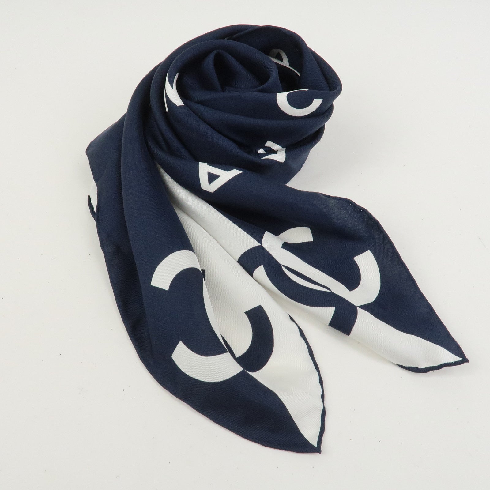 CHANEL COCO Mark Silk 100% Scarf White Navy