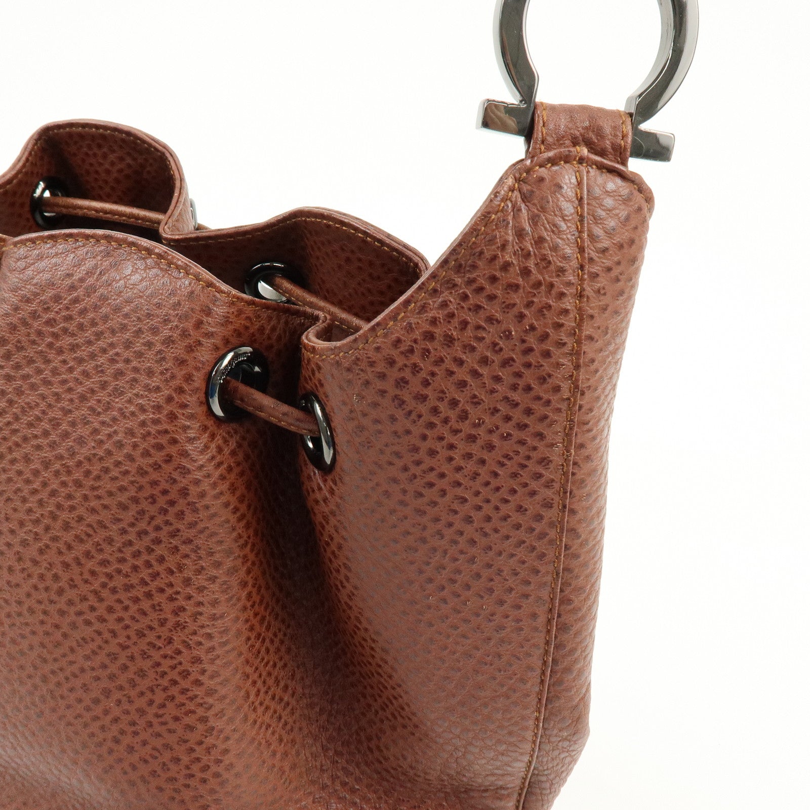 Ferragamo Gancini Leather Drawstring Bag Shoulder Bag Brown