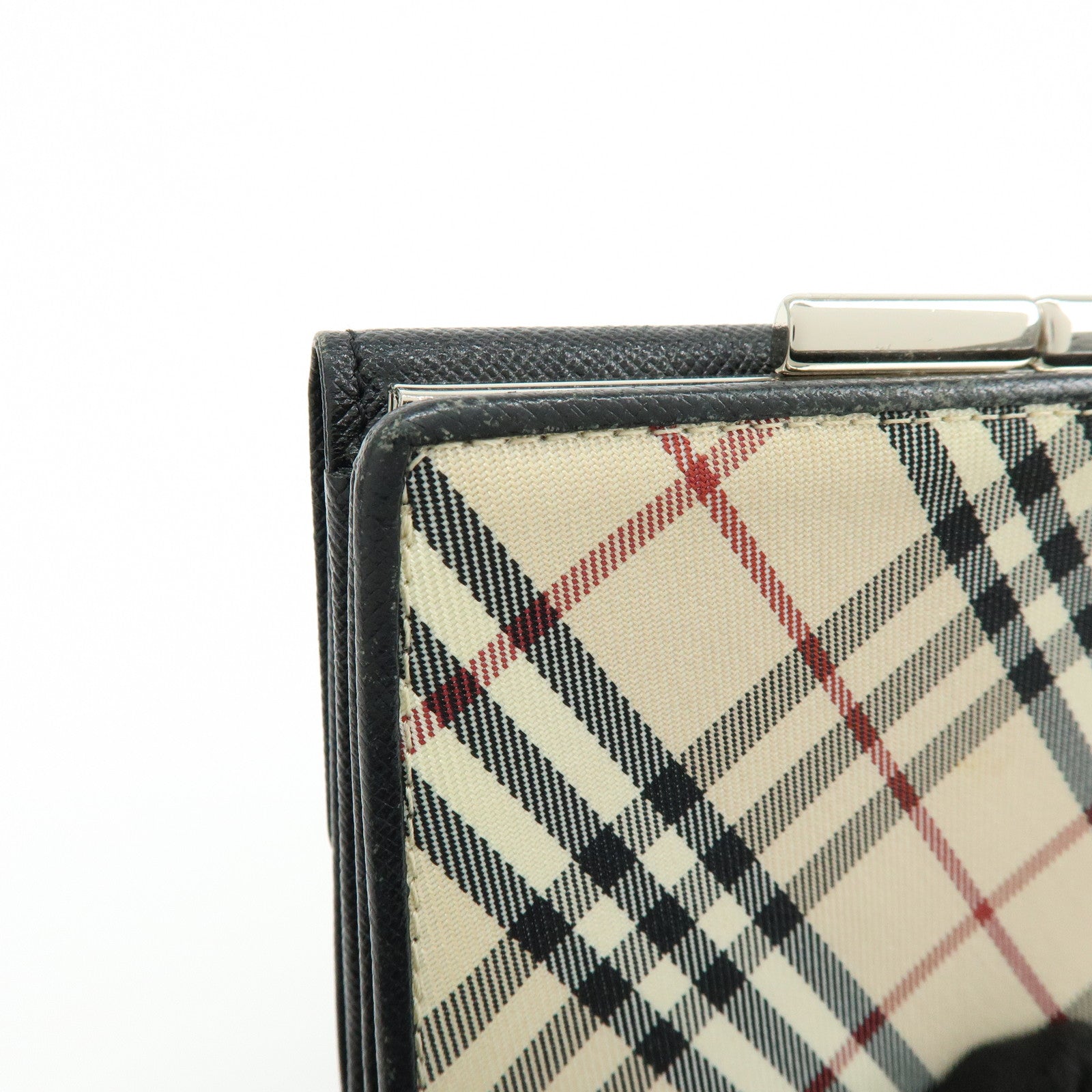 BURBERRY Nova Plaid Canvas Leather Compact Wallet Black Beige