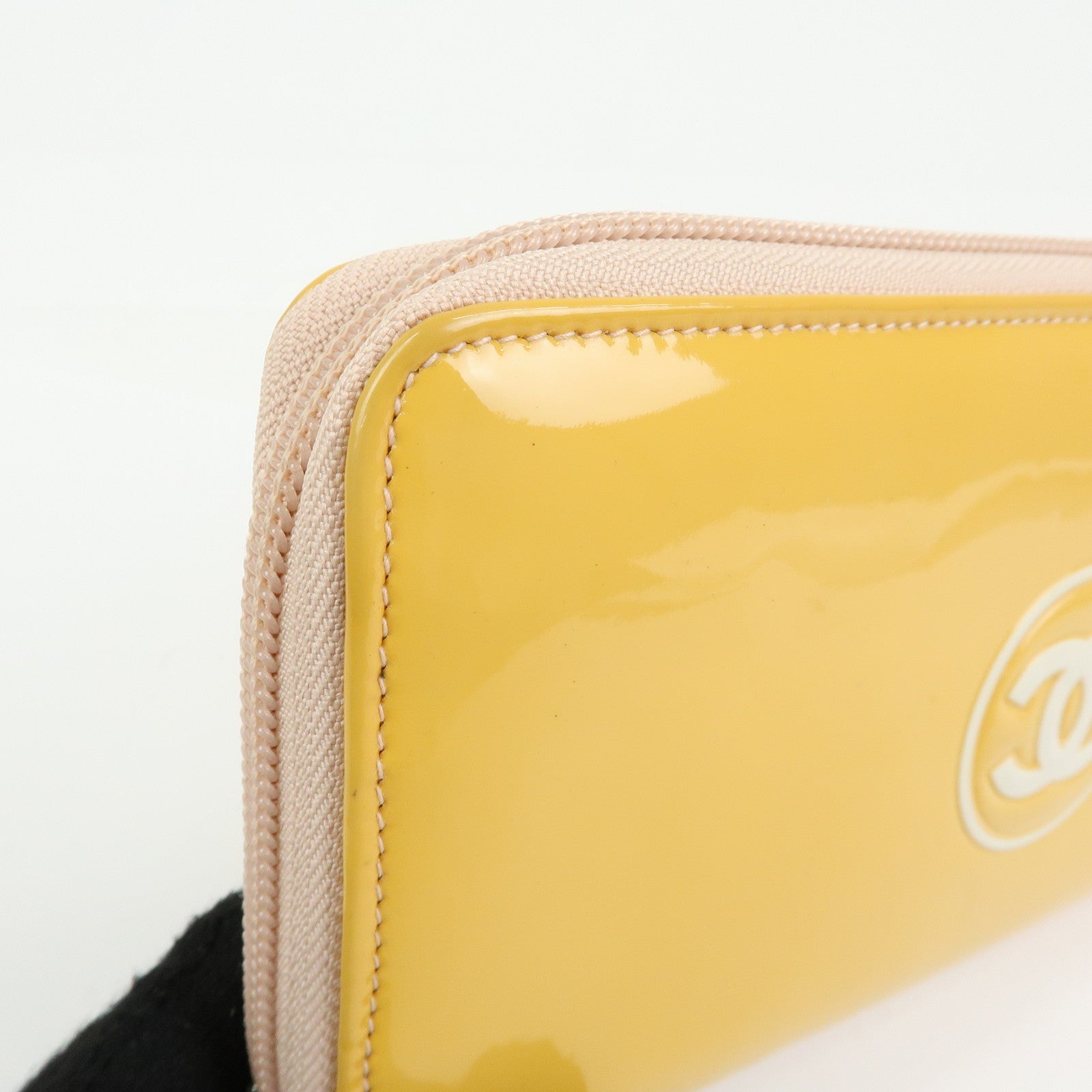 CHANEL Makeup COCO Mark Patent Leather Long Wallet Yellow