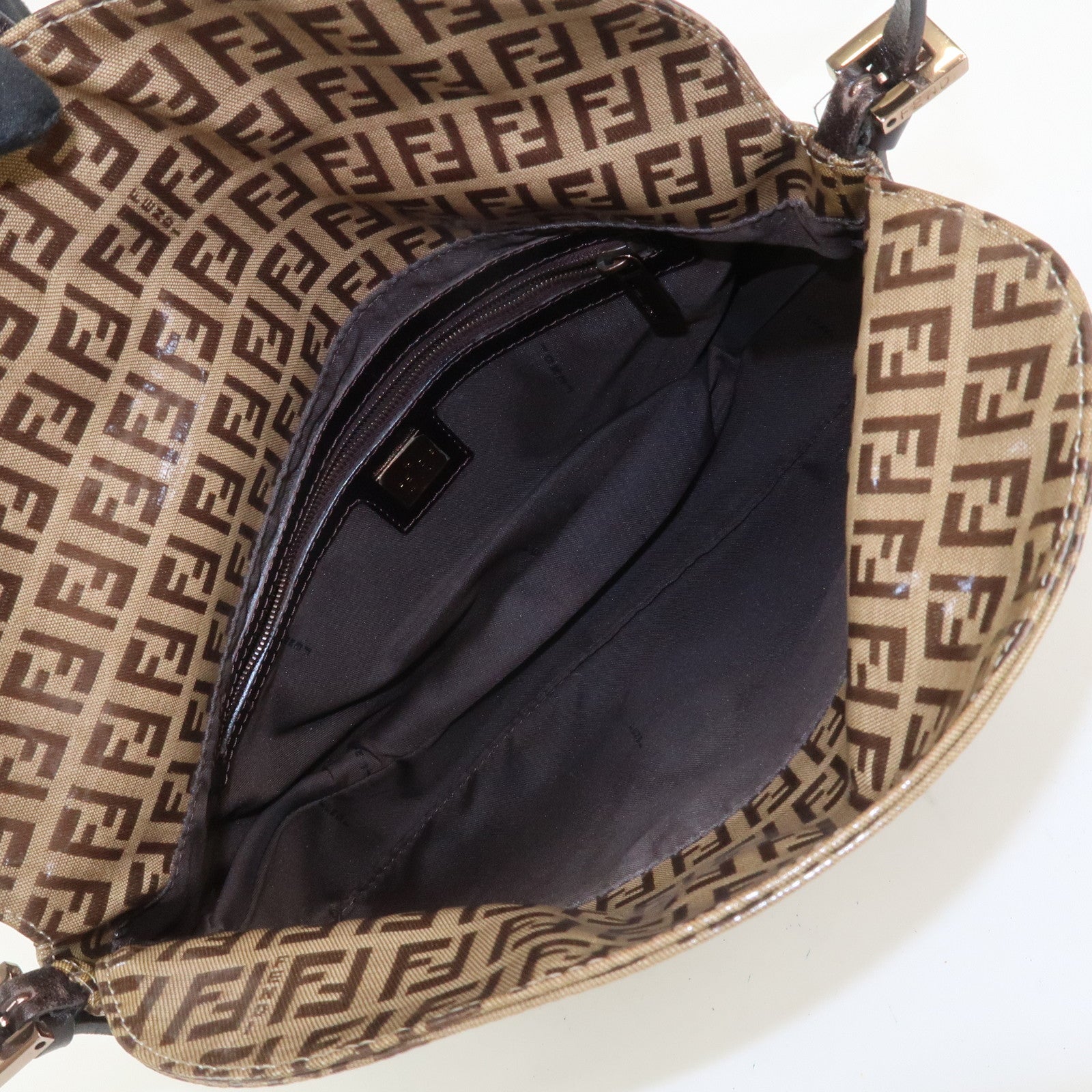 FENDI Zucchino PVC Canvas Leather Shoulder Bag Brown 8BR002