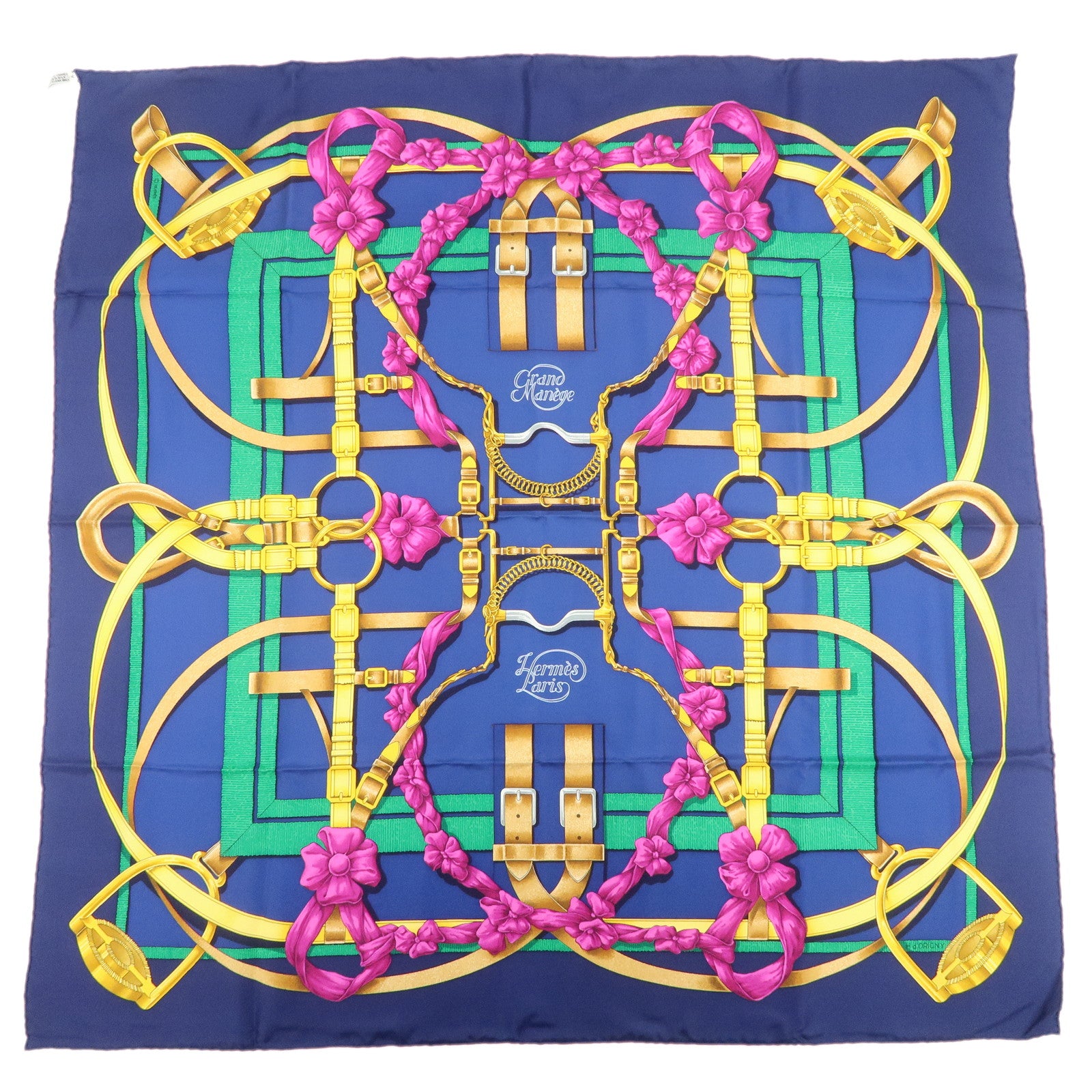HERMES Carre 90 Silk 100% Grand Manege Scarf Navy Gold