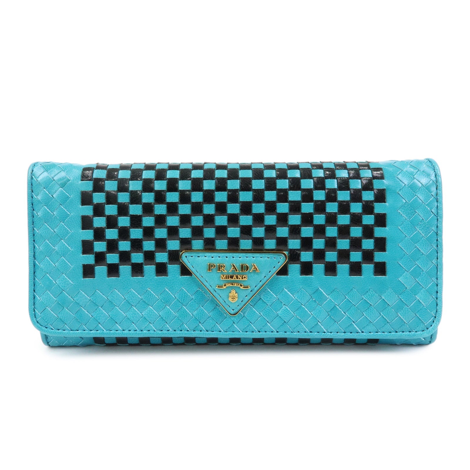PRADA Triangle Logo Leather Long Wallet Blue Black