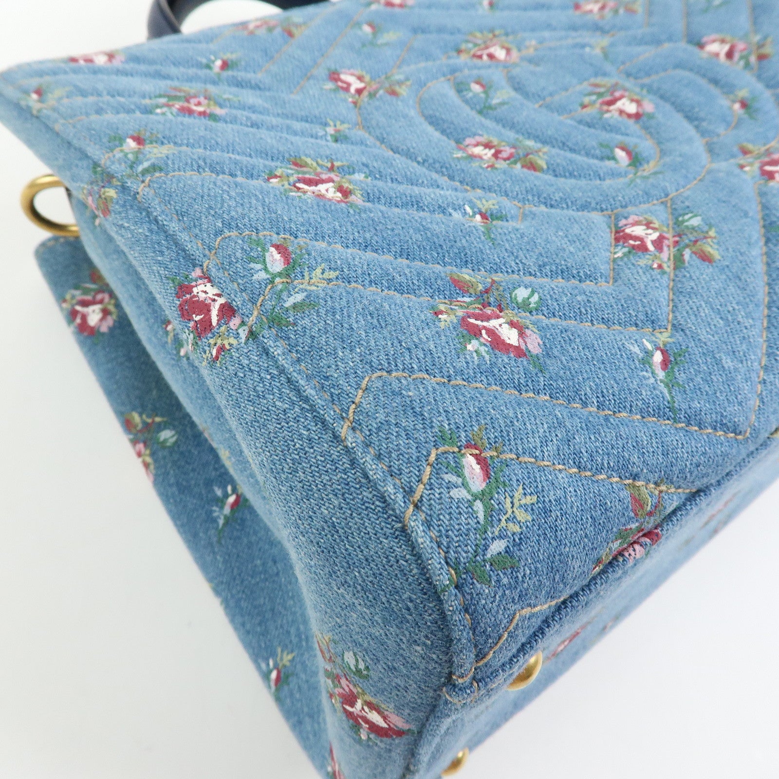 GUCCI GG Marmont Denim Leather 2Way Bag Flower Motif Navy 448054