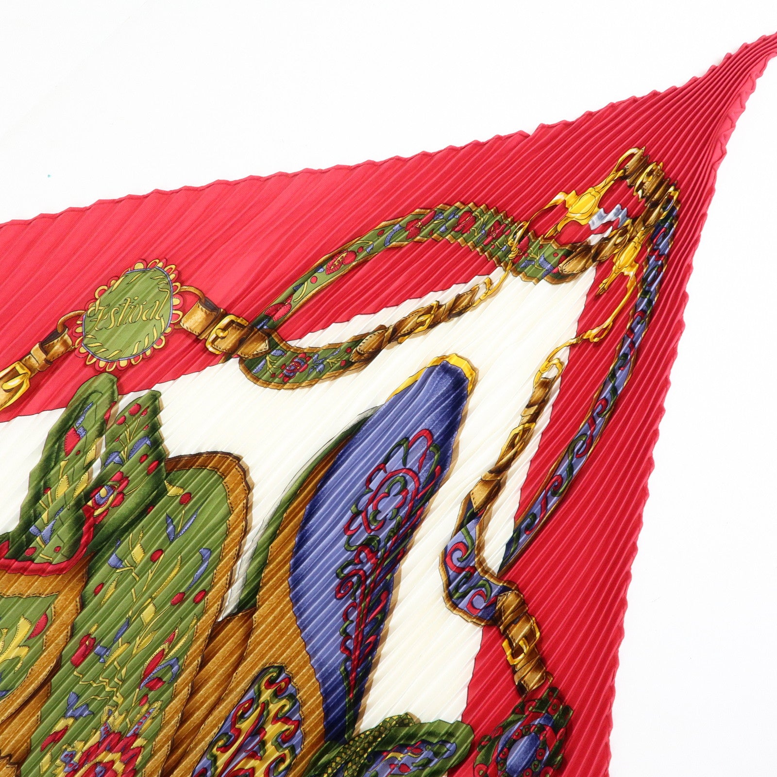 HERMES Pleated Carre 90 Silk 100% Scarf Festival Red