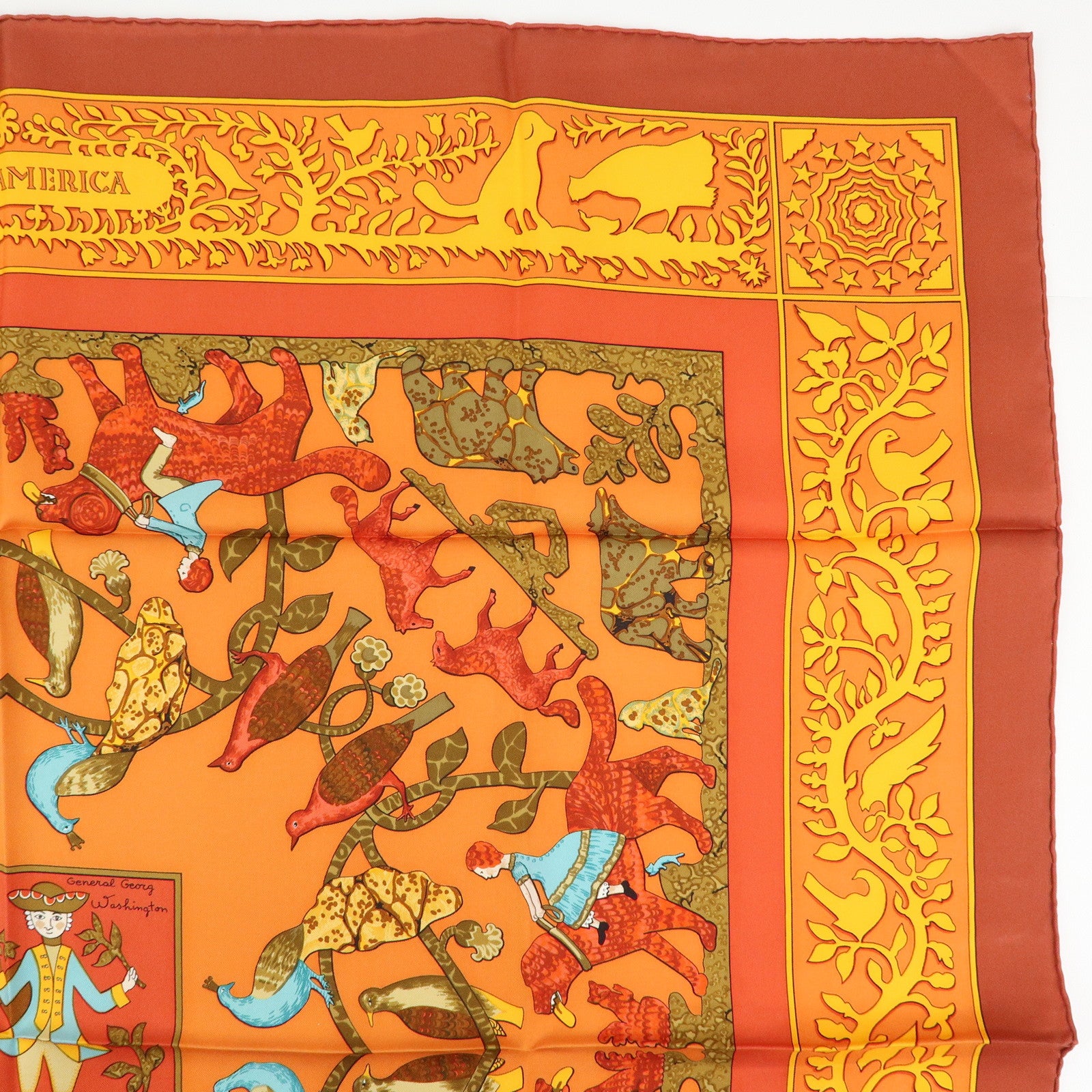 HERMES Carre 90 Silk 100% Scarf EARLY AMERICA Orange Brown