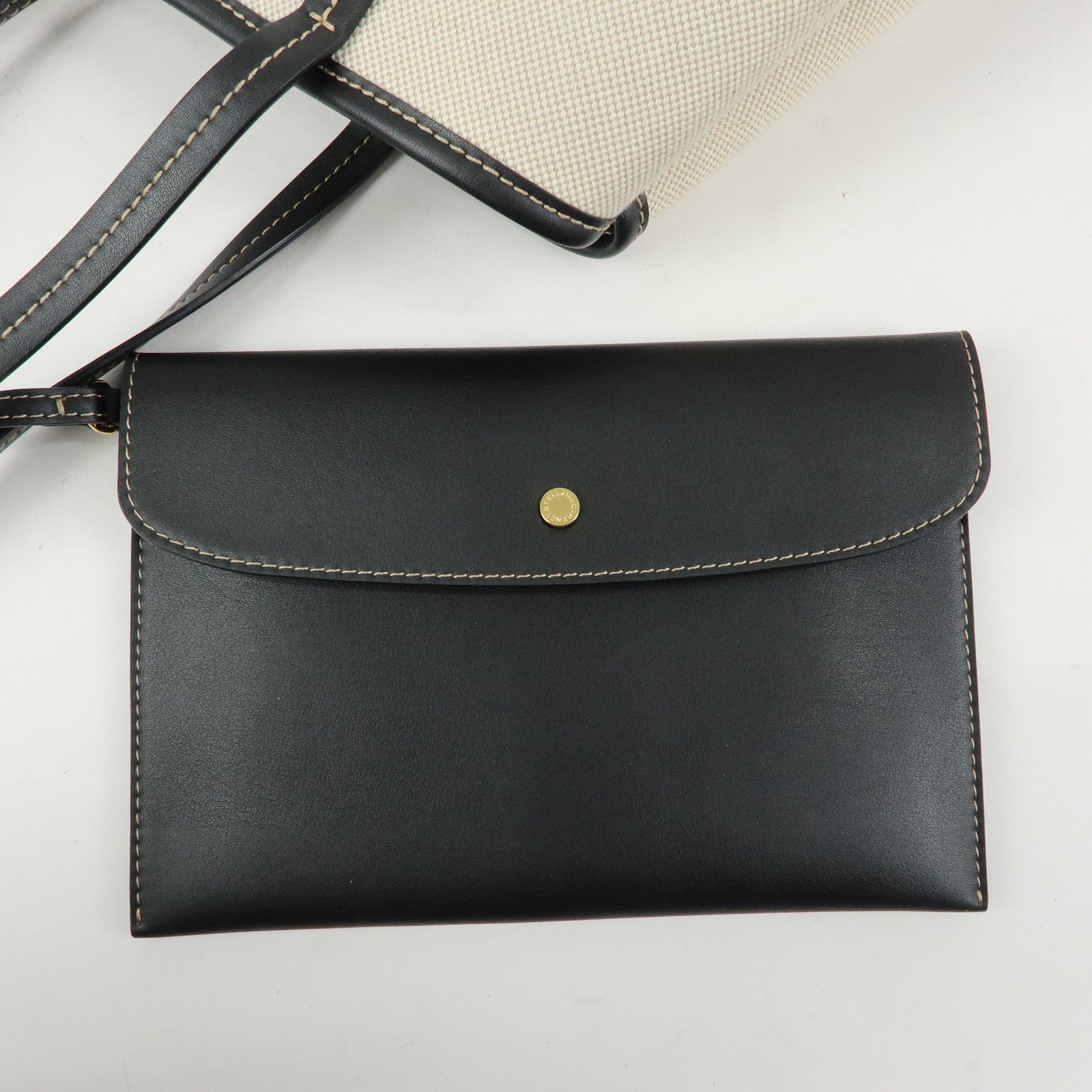 STELLA MCCARTNEY Leather Canvas Tote Bag Shoulder Bag Ecru Black