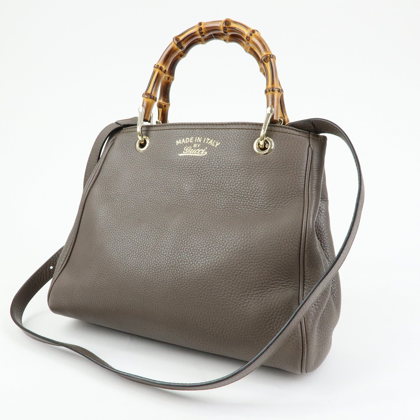 GUCCI Bamboo Leather Shopper Small 2Way Bag Greige 336032