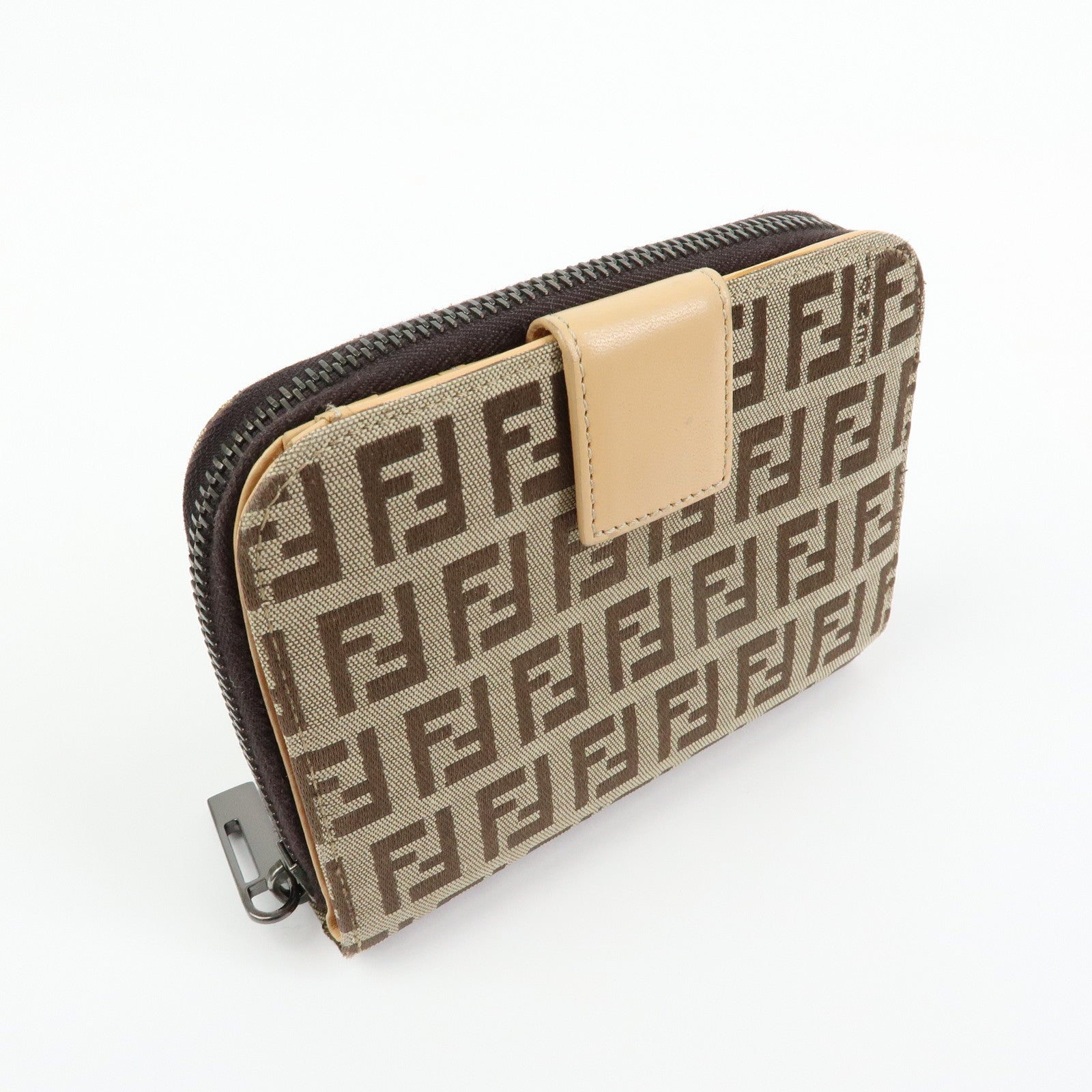 FENDI Zucchino Canvas Leather Compact Wallet Beige 8M0018