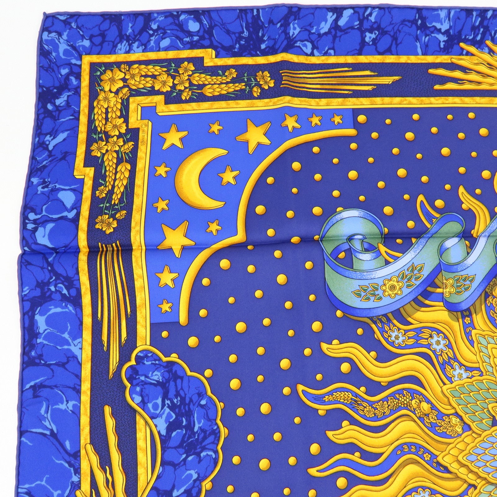 HERMES Carre 90 Silk 100% CARPE DIEM Scarf Navy Blue Yellow