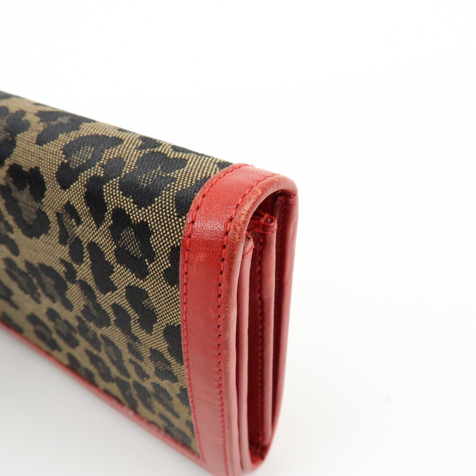 FENDI Zucca Canvas Leather Long Wallet Leopard Brown Red 30851