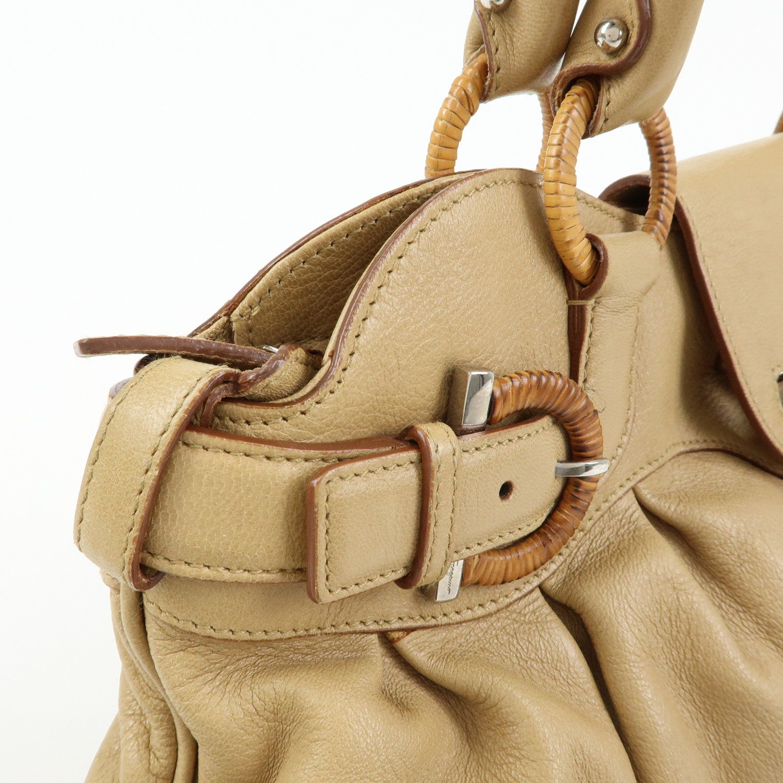 Ferragamo Gancini Leather Rattan Shoulder Bag Light Brown