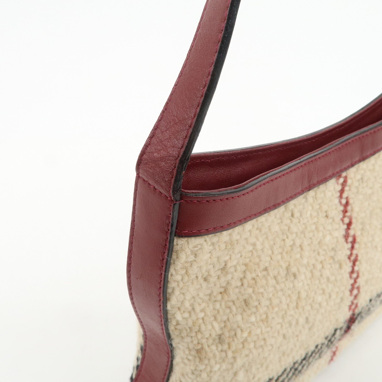 BURBERRY Wool Leather Hand Bag Plaid Wine Red Beige