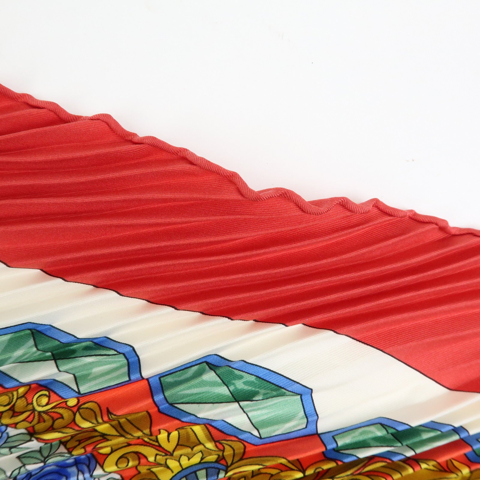 HERMES Pleated Carre Silk 100% Scarf L'ENTENTE CORDIALE Red Blue