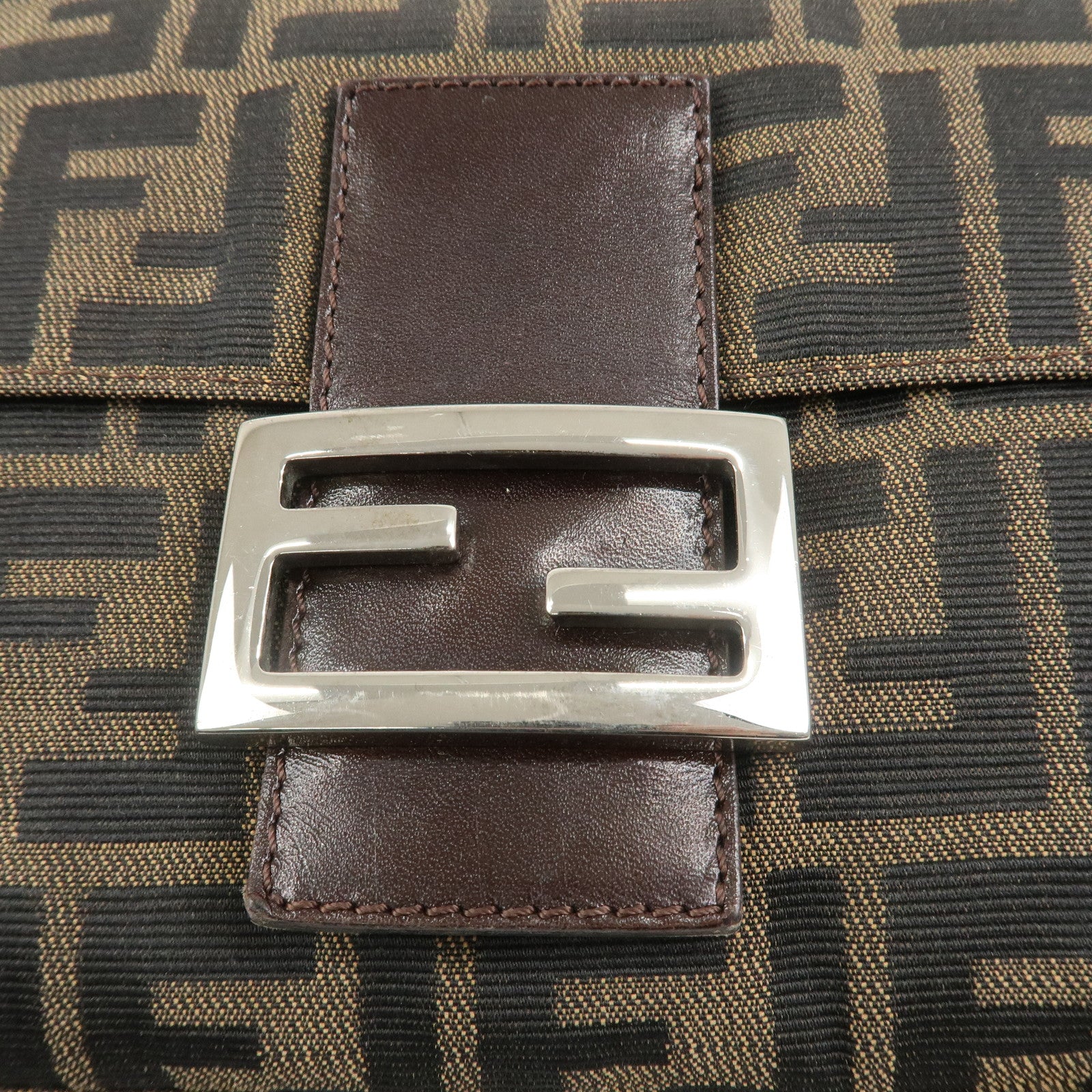 FENDI Mamma Baguette Zucca Canvas Leather Shoulder Bag Brown 26325