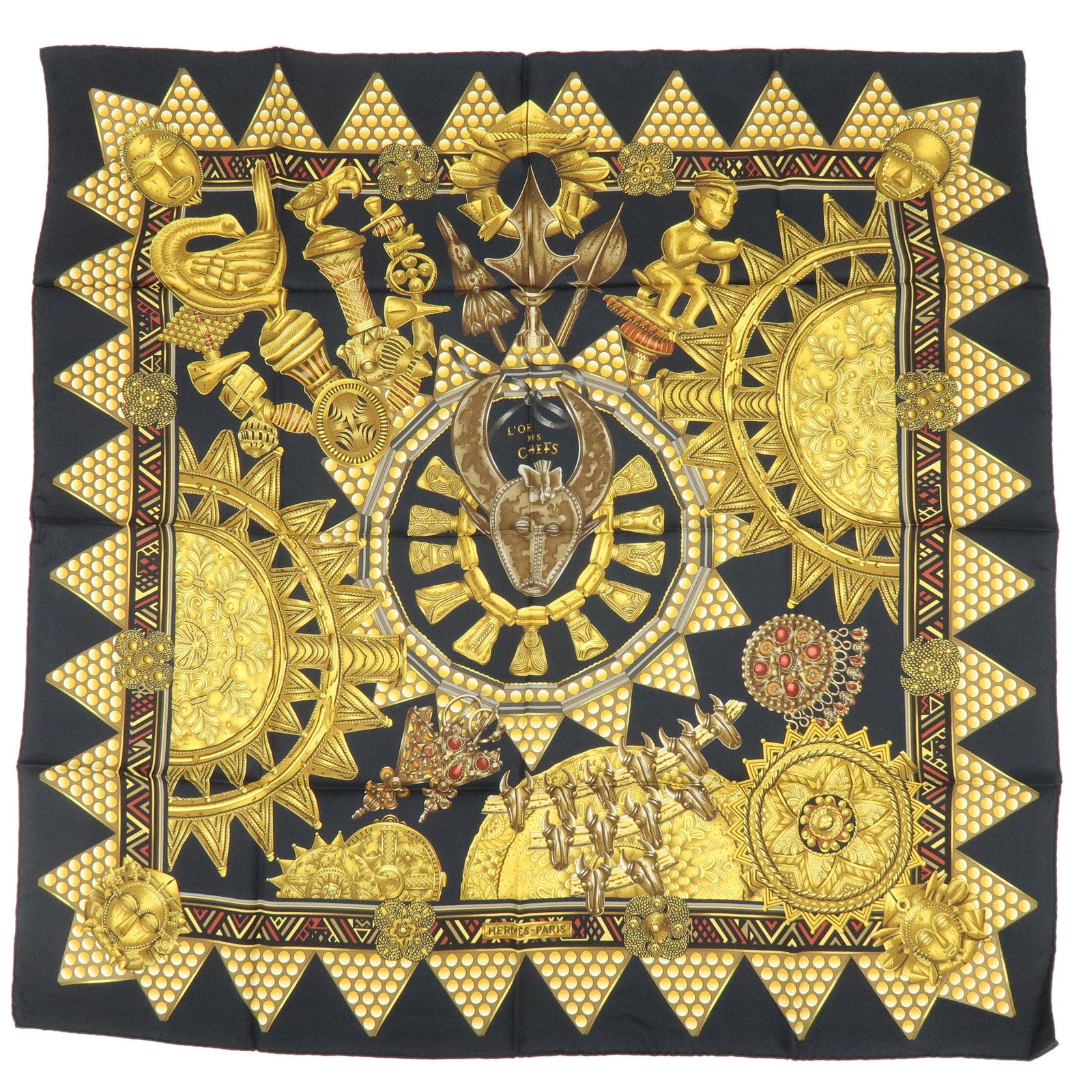 HERMES Carre 90 Silk 100% Scarf L'OR DES CHEFS Black Gold