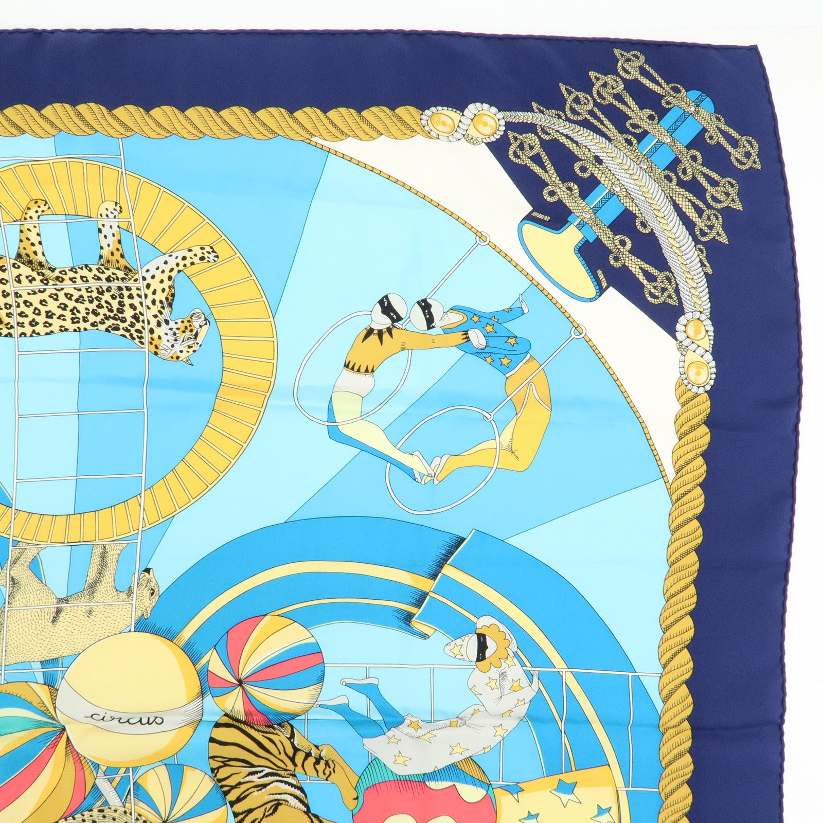 HERMES Carre 90 Silk 100% Scarf Circus Blue Gold