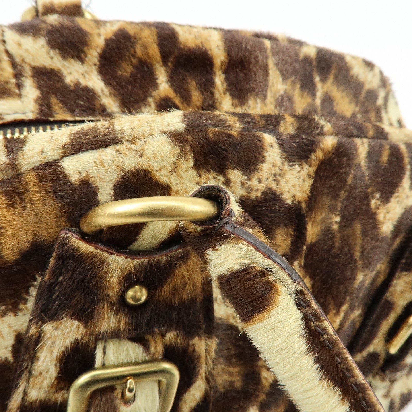 PRADA Pony Hair Leopard 2Way Boston Bag Shoulder Bag Brown BL0429