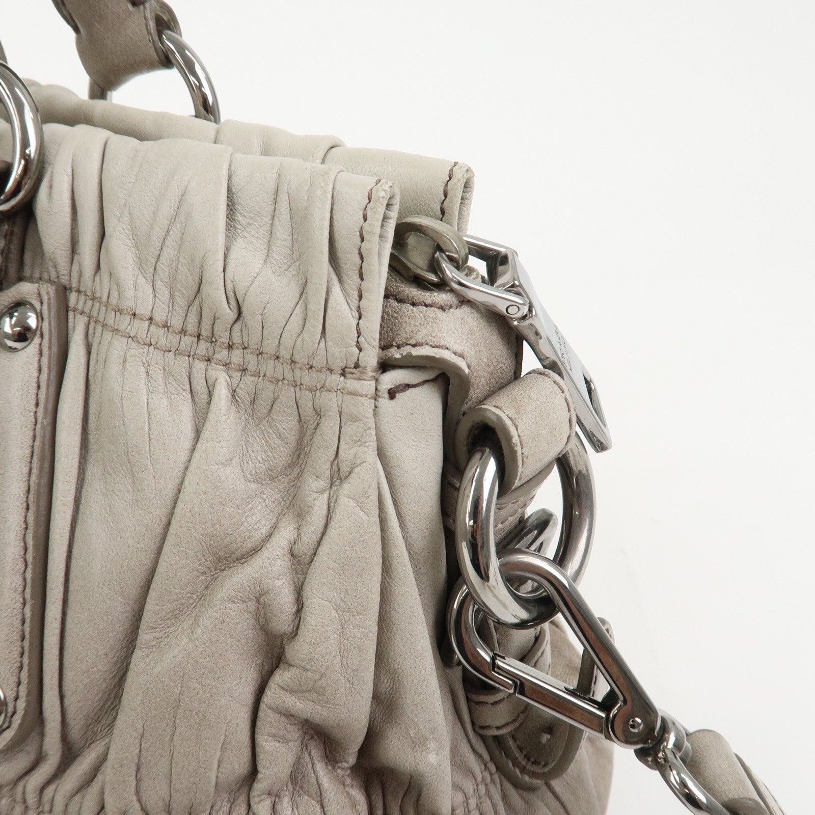 PRADA Leather Gathered 2Way Bag Hand Bag Shoulder Bag Gray BN1407