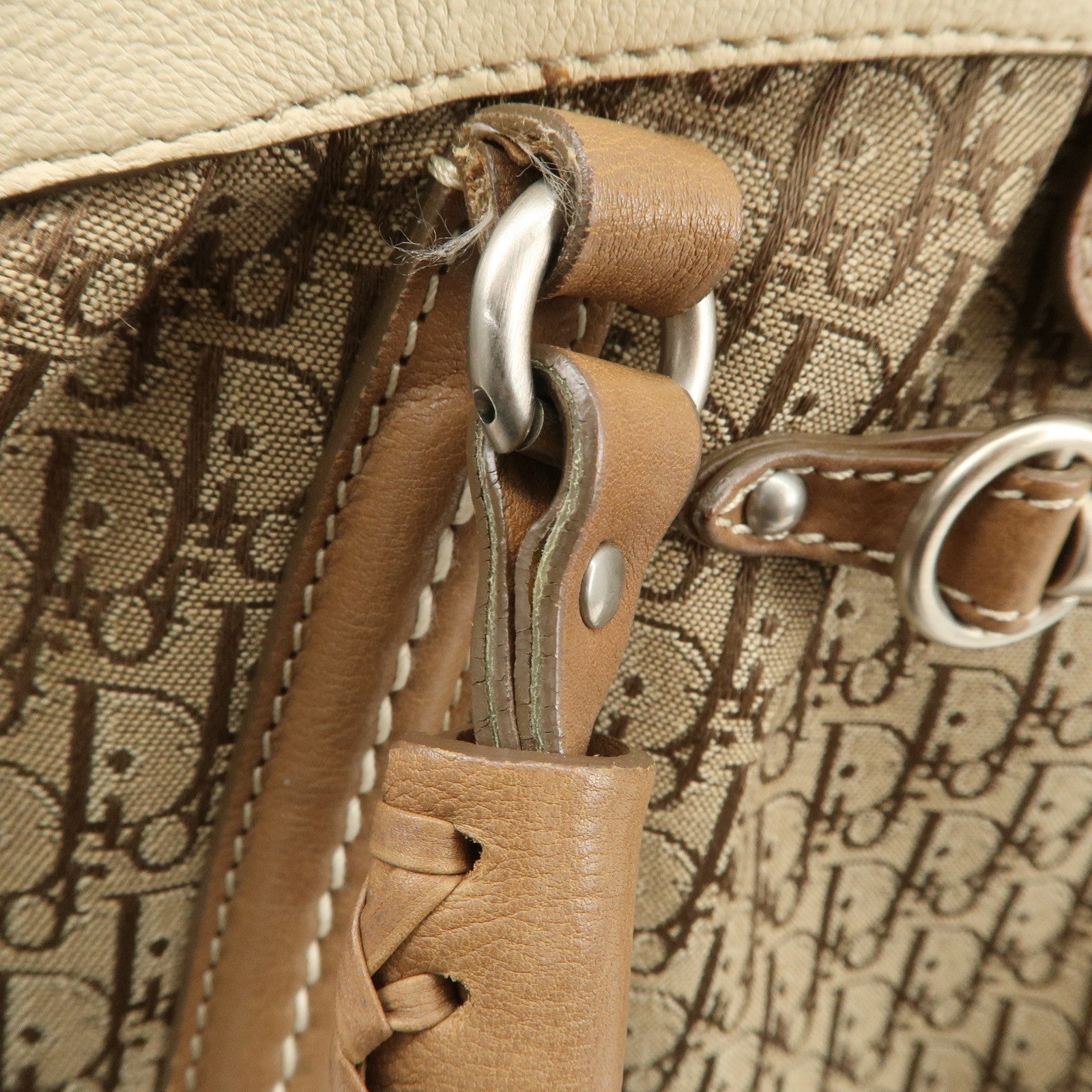 Christian Dior Trotter Canvas Leather Hand Bag Beige Ivory