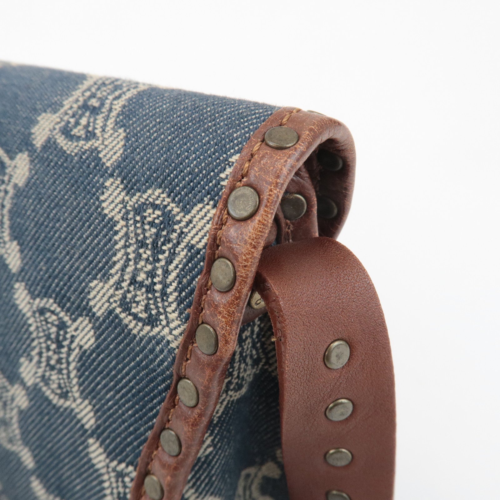 CELINE Macadam Denim Canvas Leather Shoulder Bag Blue Brown Used