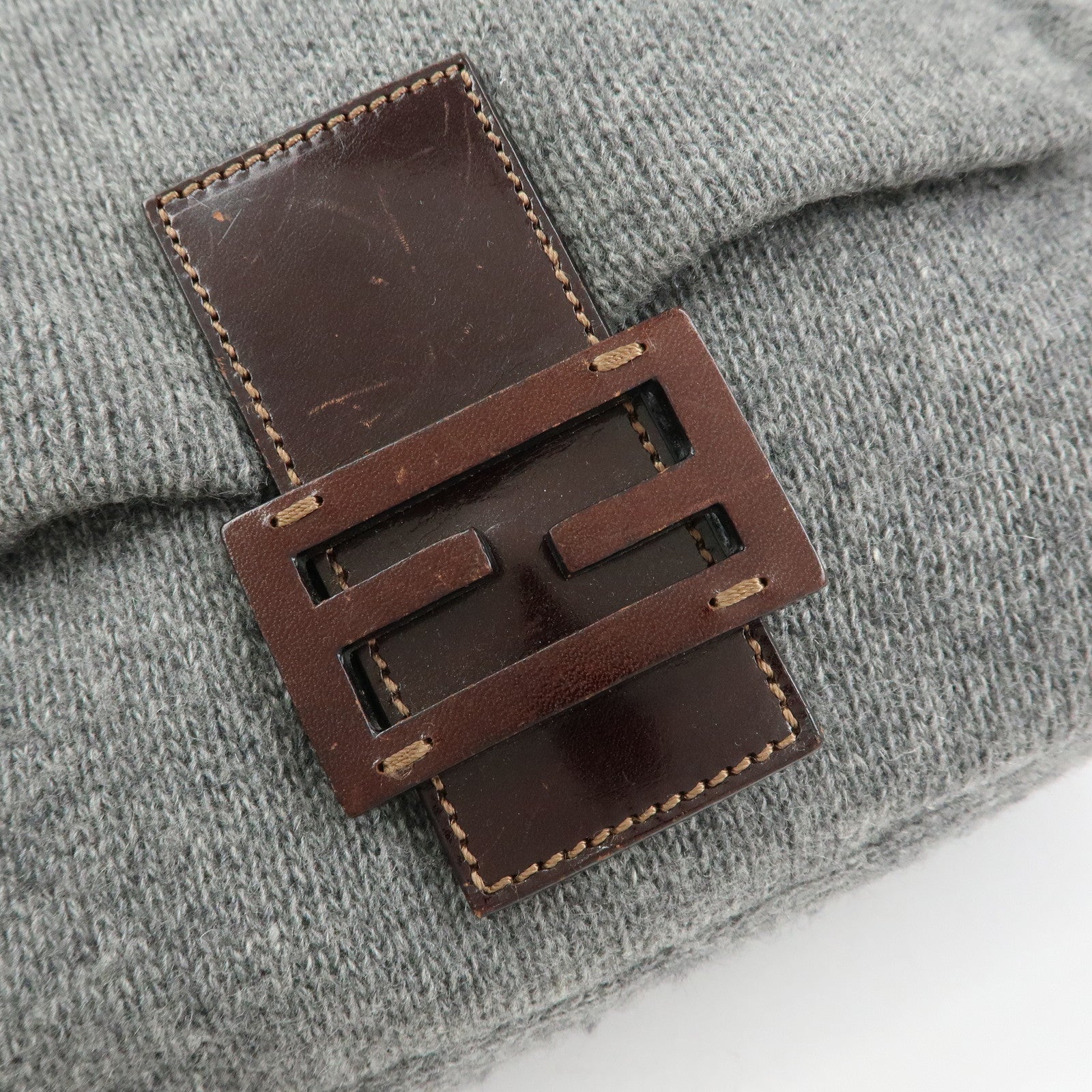 FENDI Mamma Baguette Wool Leather Shoulder Bag Grey Brown 26325