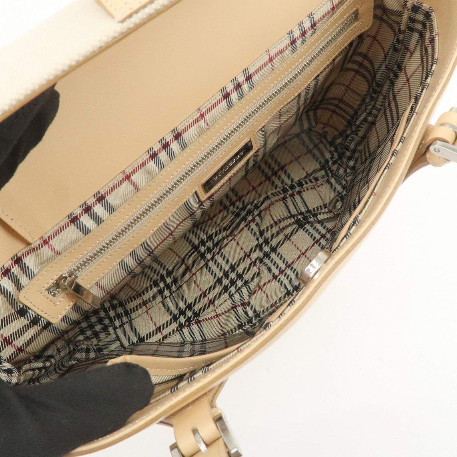 BURBERRY Cotton Leather Tote Bag Hand Bag Natural Beige