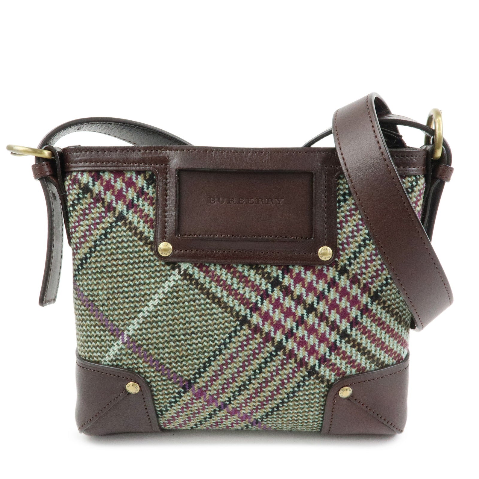 BURBERRY Wool Leather Shoulder Bag Crossbody Bag Brown Green