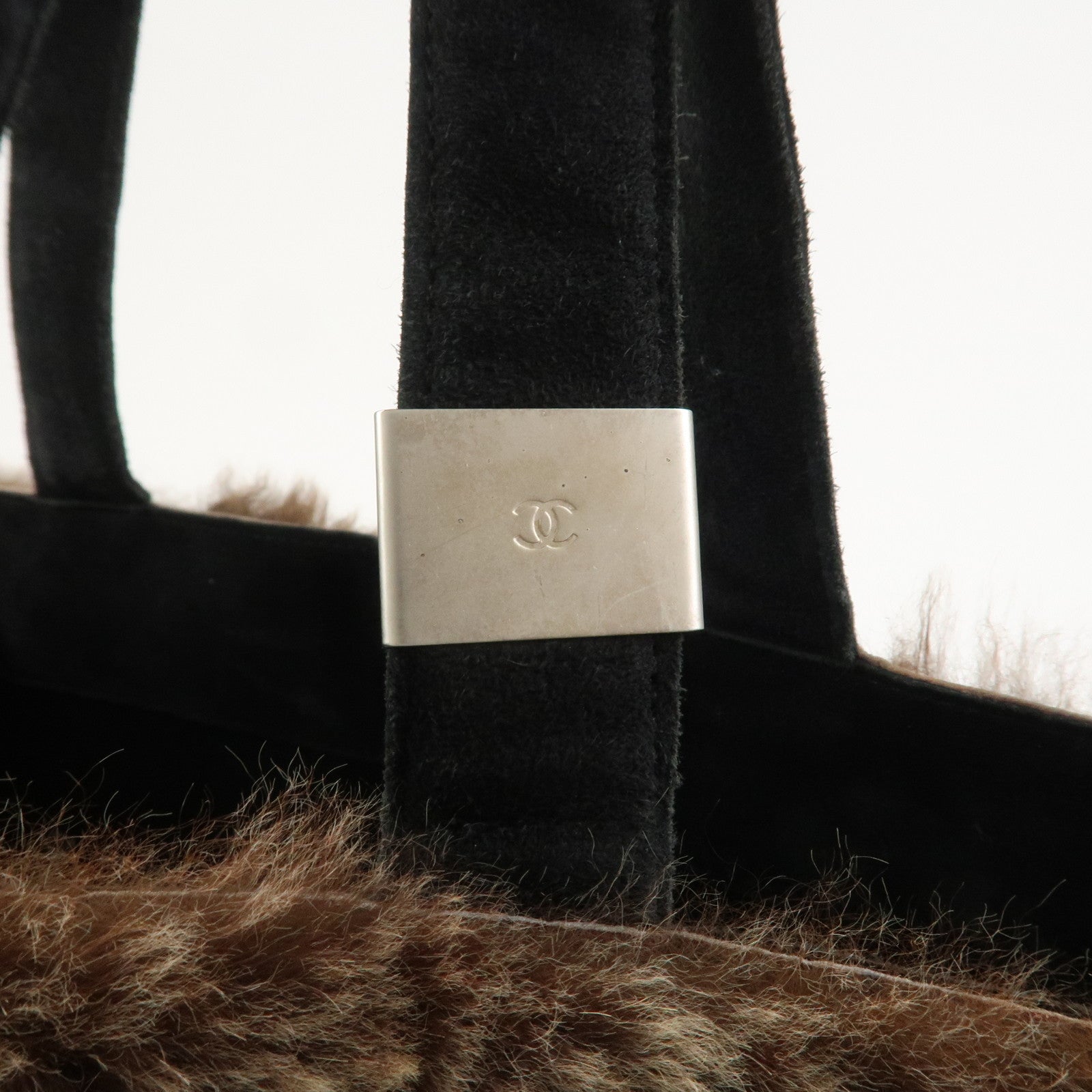 CHANEL COCO Mark Fur Suede Tote Bag Hand Bag Brown Black