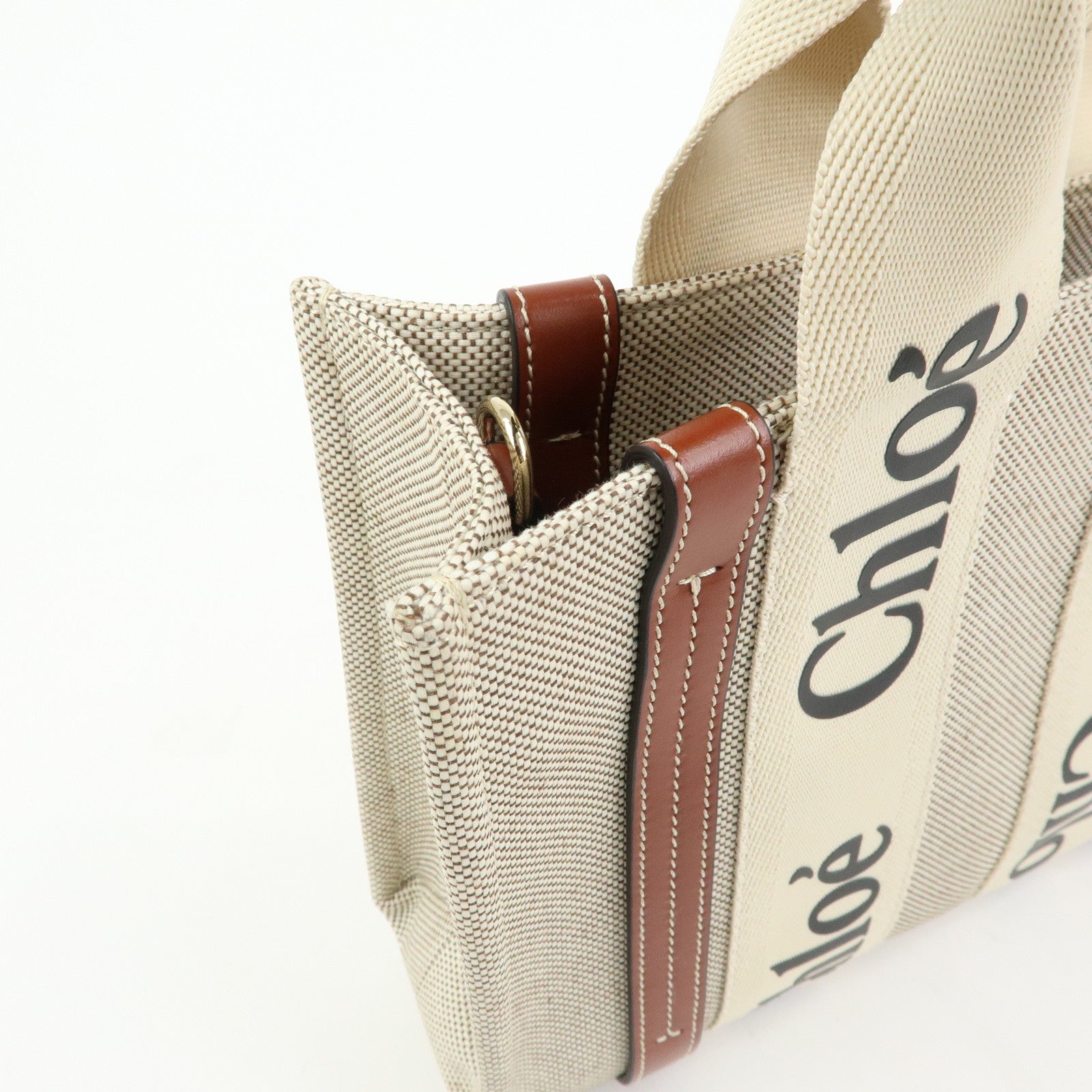 Chloe Woody Canvas Leather 2Way Bag Shoulder Bag Natural Brown