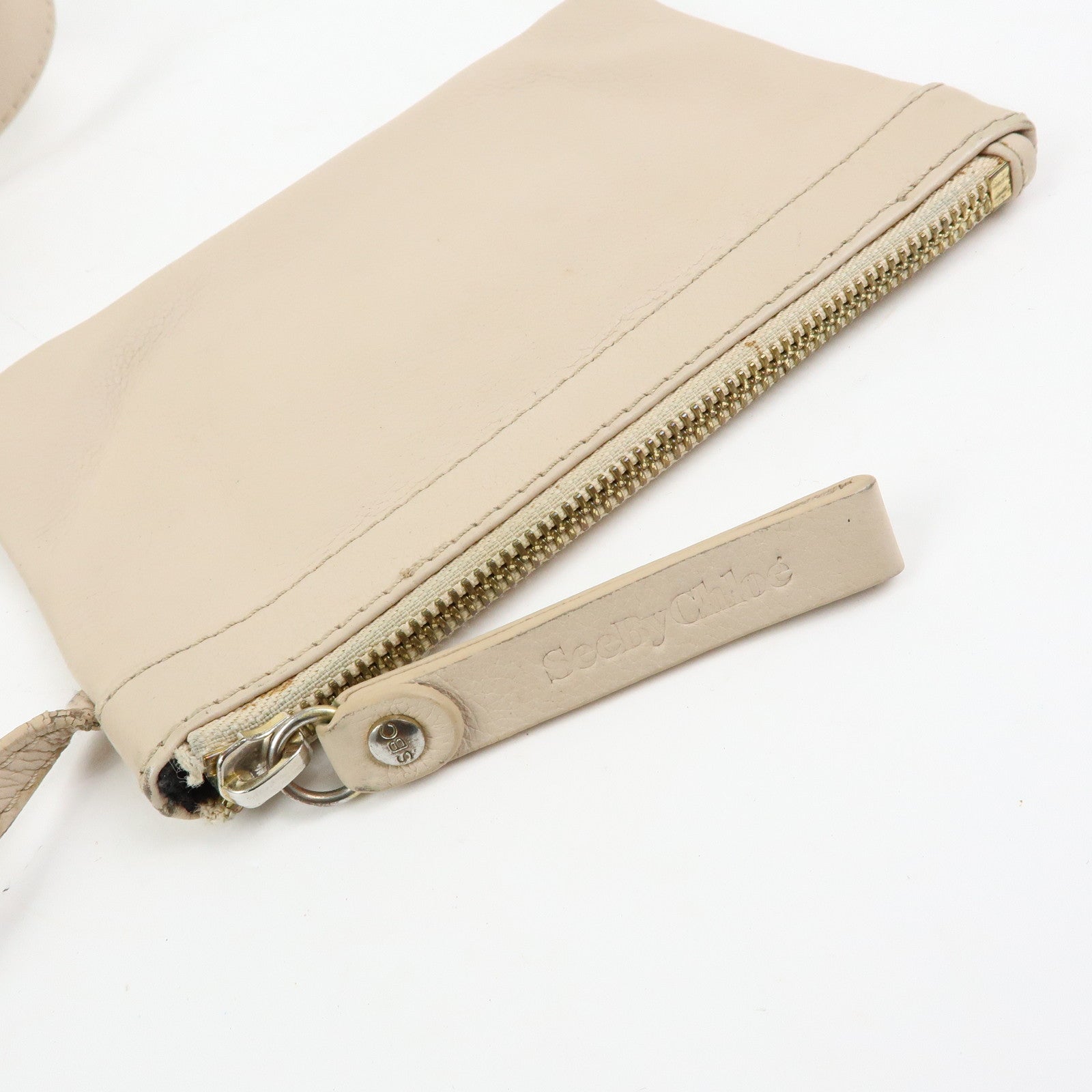 Chloe See by Chole Leather Tote Bag Hand Bag Pouch Beige