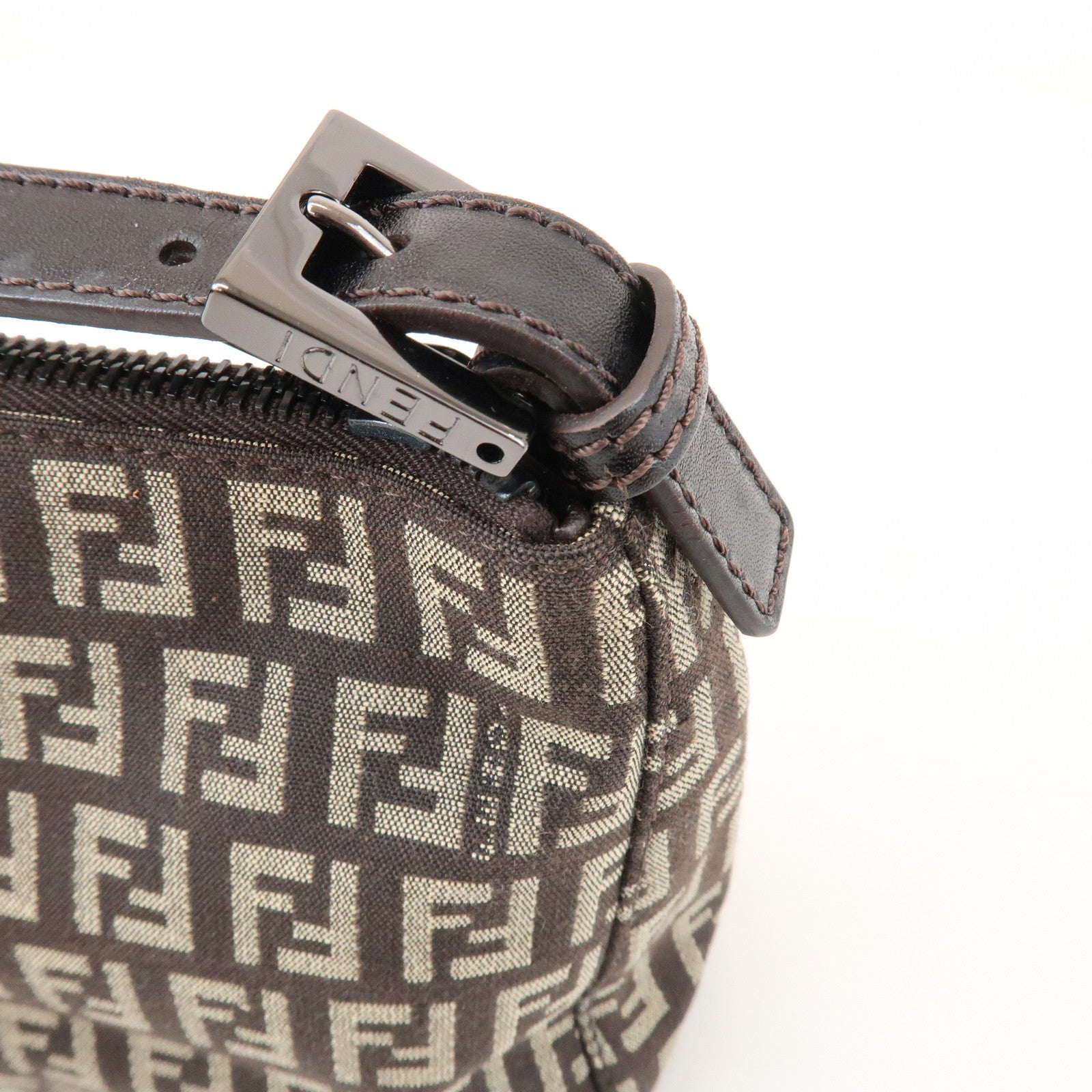 FENDI Zucchino Canvas Leather Hand Bag Pouch Bag Brown 8N00001