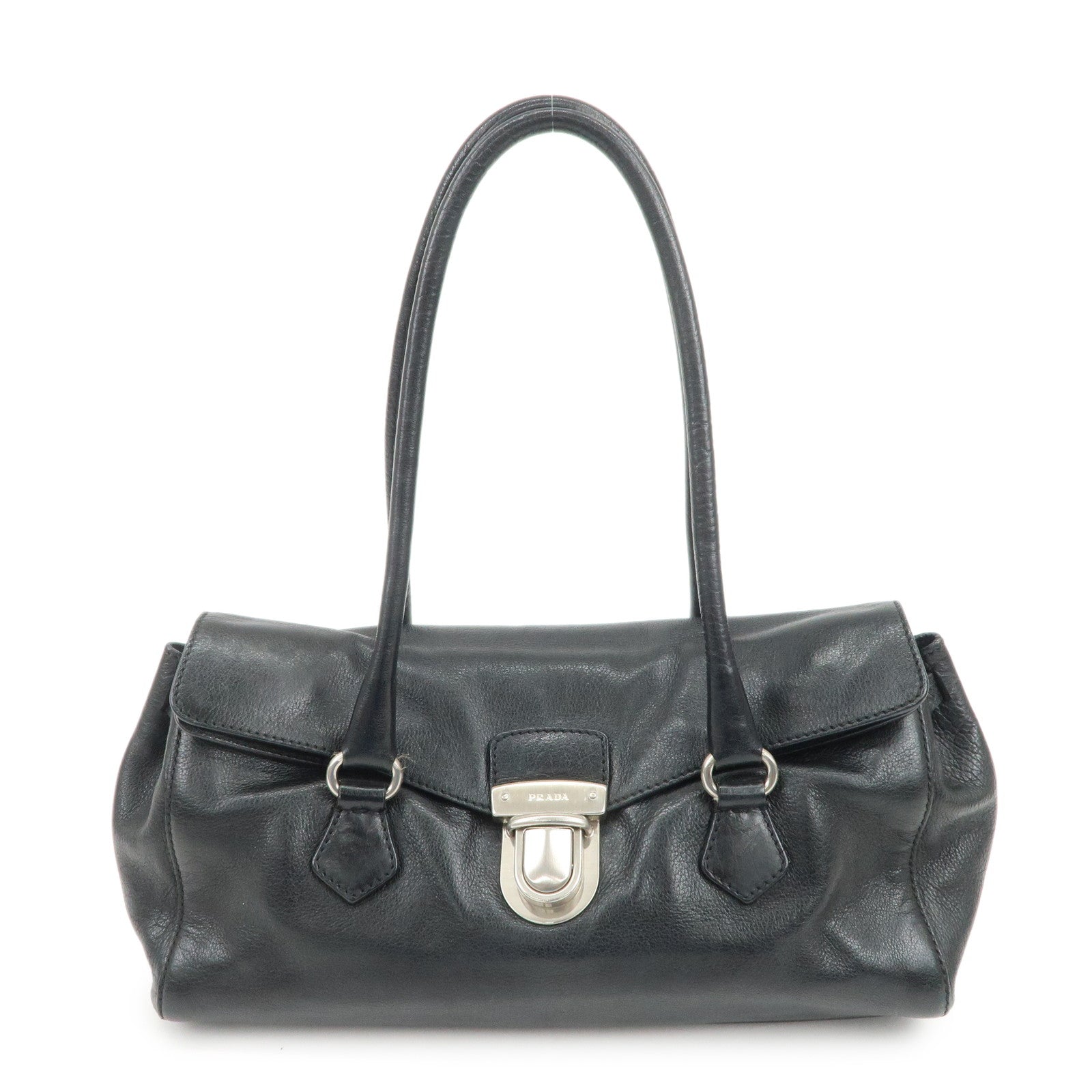 PRADA Triangle Logo Leather Shoulder Bag Hand Bag Black